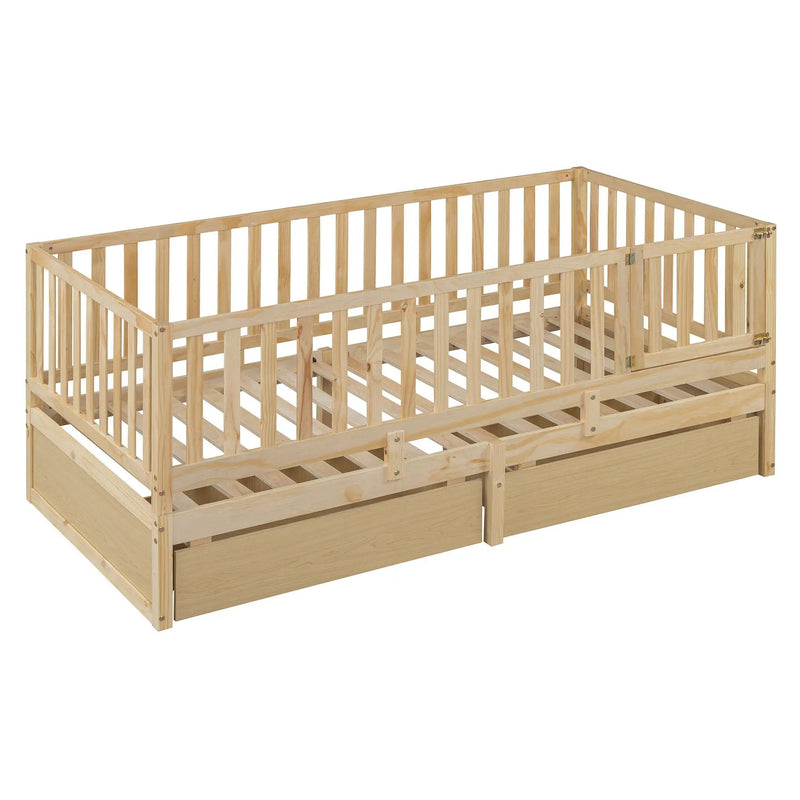 Daybed With Fence Guardrails And 2 Drawers, Split Into Independent Floor Bed & Daybed by HouseOfZazla