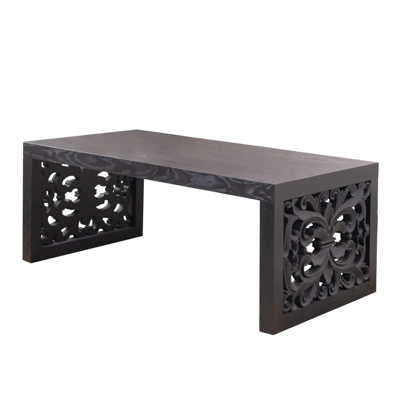 Rustic Carved Wood Coffee Table, Handcrafted Look With Ornate Side Panels by Unique Piece Furniture