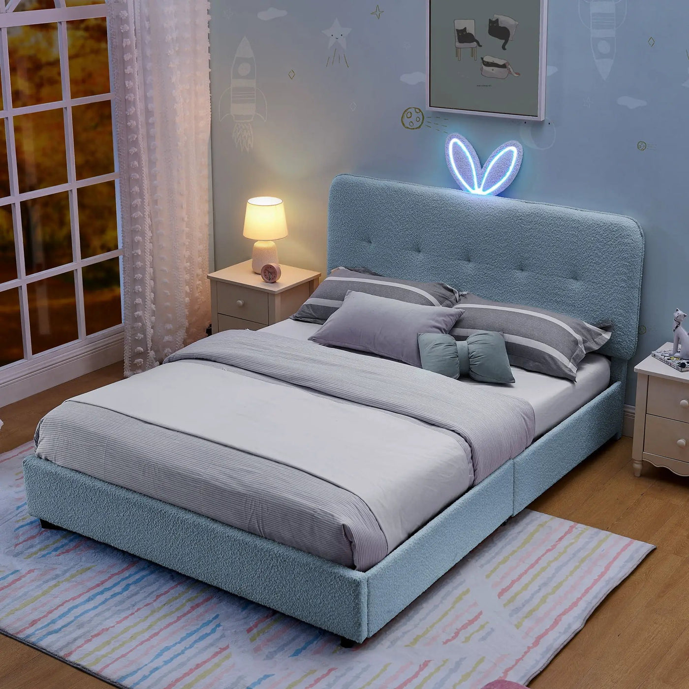 Upholstered Bed With Oversized Rabbit Ear Headboard, LED Lights & 4 Storage Drawers by Unique Piece Furniture
