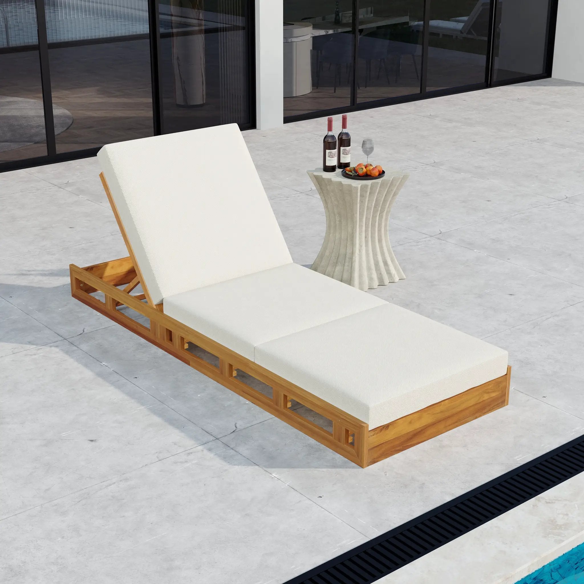 Lounge Chaise Set, Acacia Solid Wood with Lounge Cushion (Cream & Triple Fold) - Matching Dark by HouseOfZazla