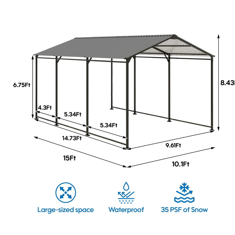 Metal Carport 10 5Ft Heavy Duty With Galvanized Steel Roof Metal Garage Canopy With Galvanized Steel Roof & Frame Car Tent Outdoor Storage Shed - Gray by HouseOfZazla