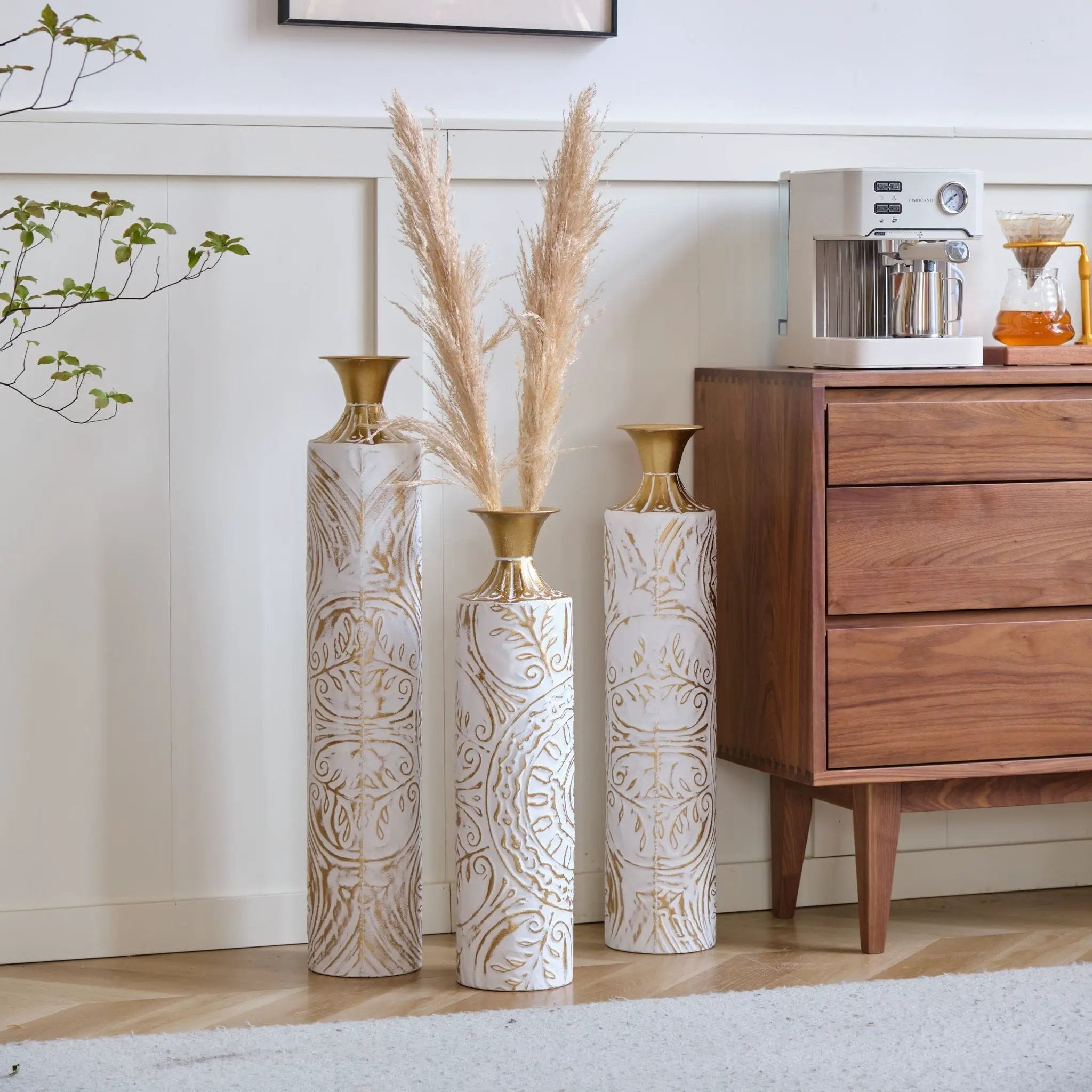 Floor Metal Vases Decorated Metal Vases (Set of 3) Gorgeous Home Decoration Large Glazed Metal Vases - White / Gold by HouseOfZazla