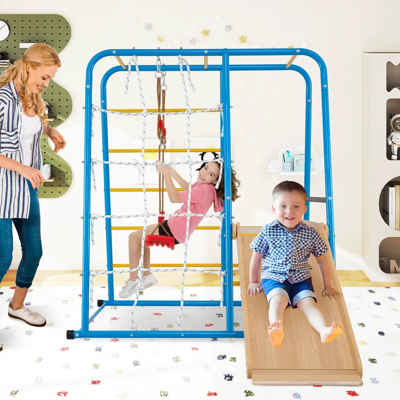 6-in-1 Indoor Jungle Gym with Slide for Boys and Girls 3+ Years Old-Blue by DirectDeals