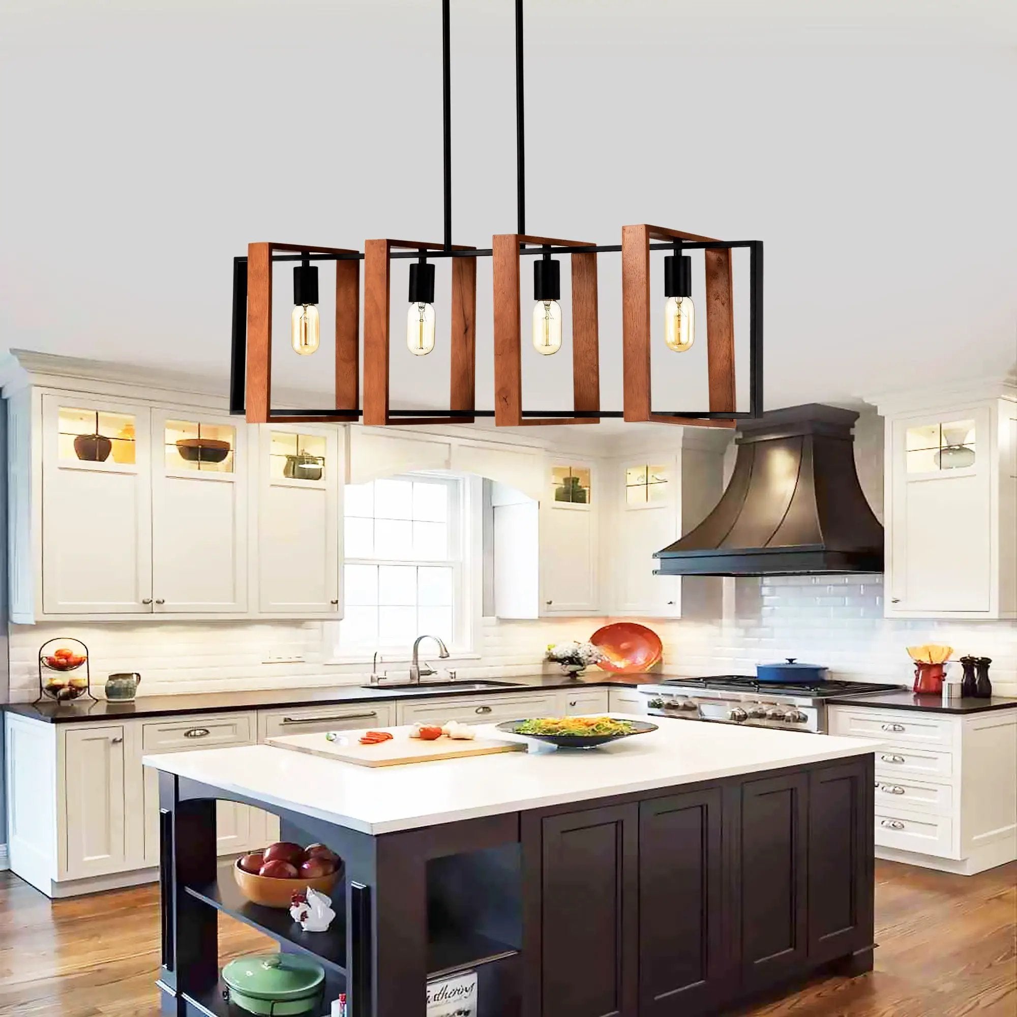 4 Light Kitchen Island Lights Pendant Light Farmhouse Dining Room Light Fixture, Rectangular Chandelier, 36" Hanging Lighting For Living Room, Conference Room, Home Office - Matte Black by Unique Piece Furniture