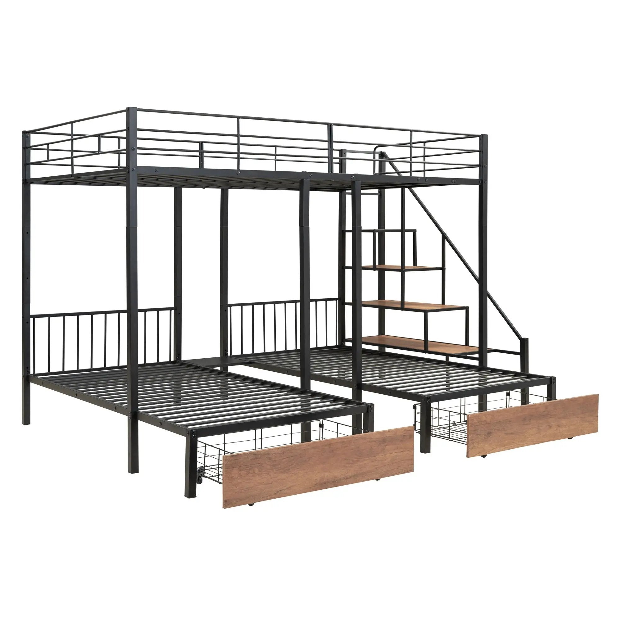 Full Over Twin-Twin Triple Bunk Bed With Drawers And Staircase - Black by Unique Piece Furniture