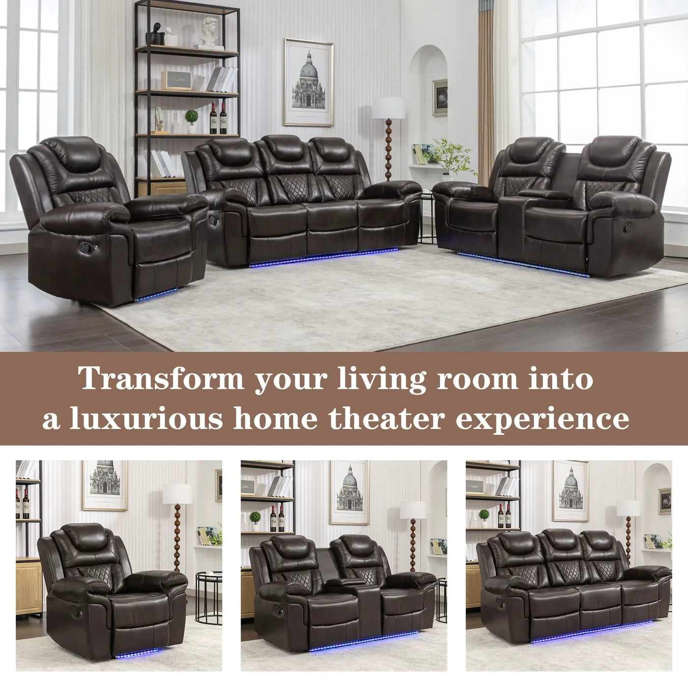 Home Theater Seating Manual Recliner Loveseat With Hide-Away Storage, Cup Holders And Led Light Strip For Living Room by Unique Piece Furniture