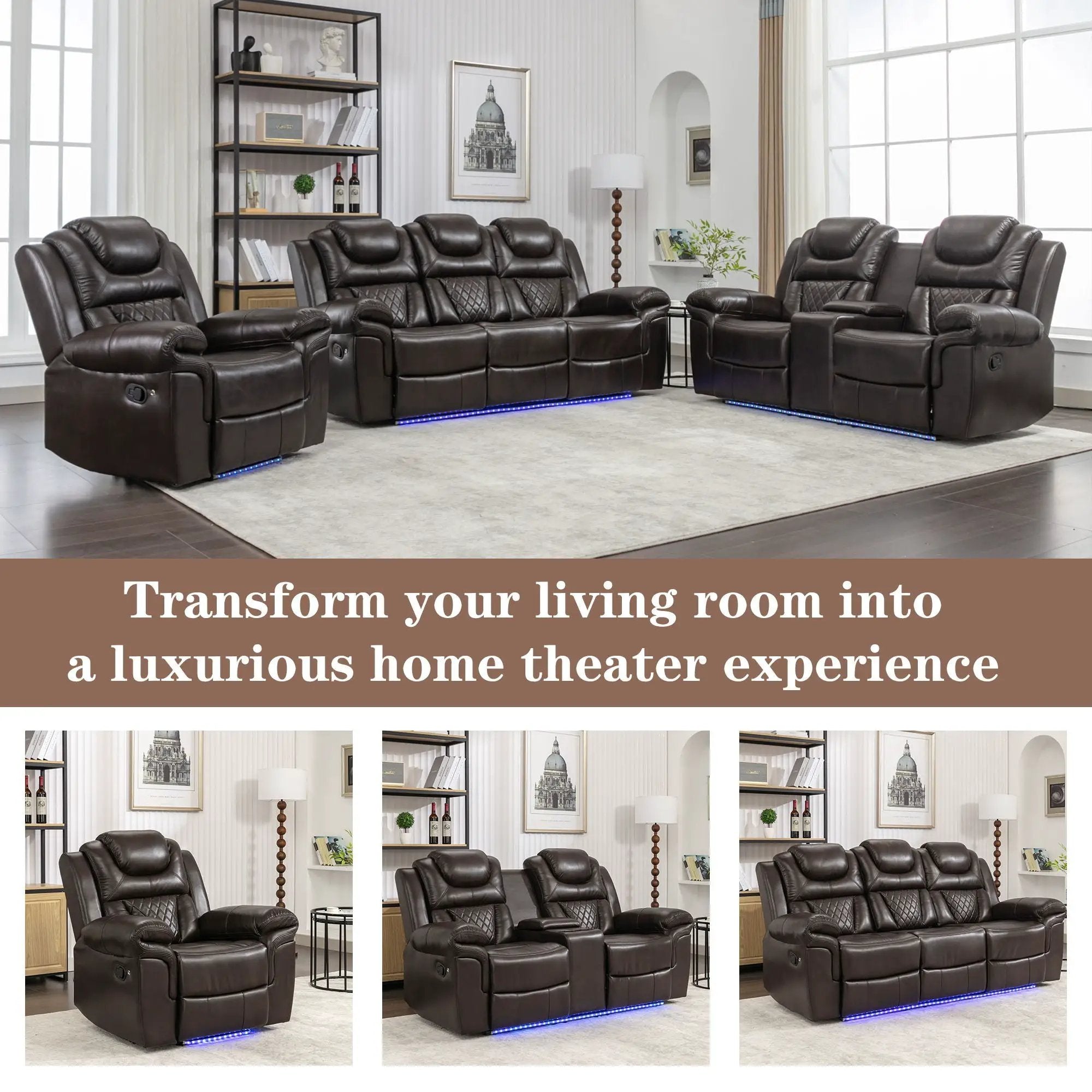 Home Theater Seating Manual Recliner Loveseat With Hide-Away Storage, Cup Holders And Led Light Strip For Living Room by Unique Piece Furniture