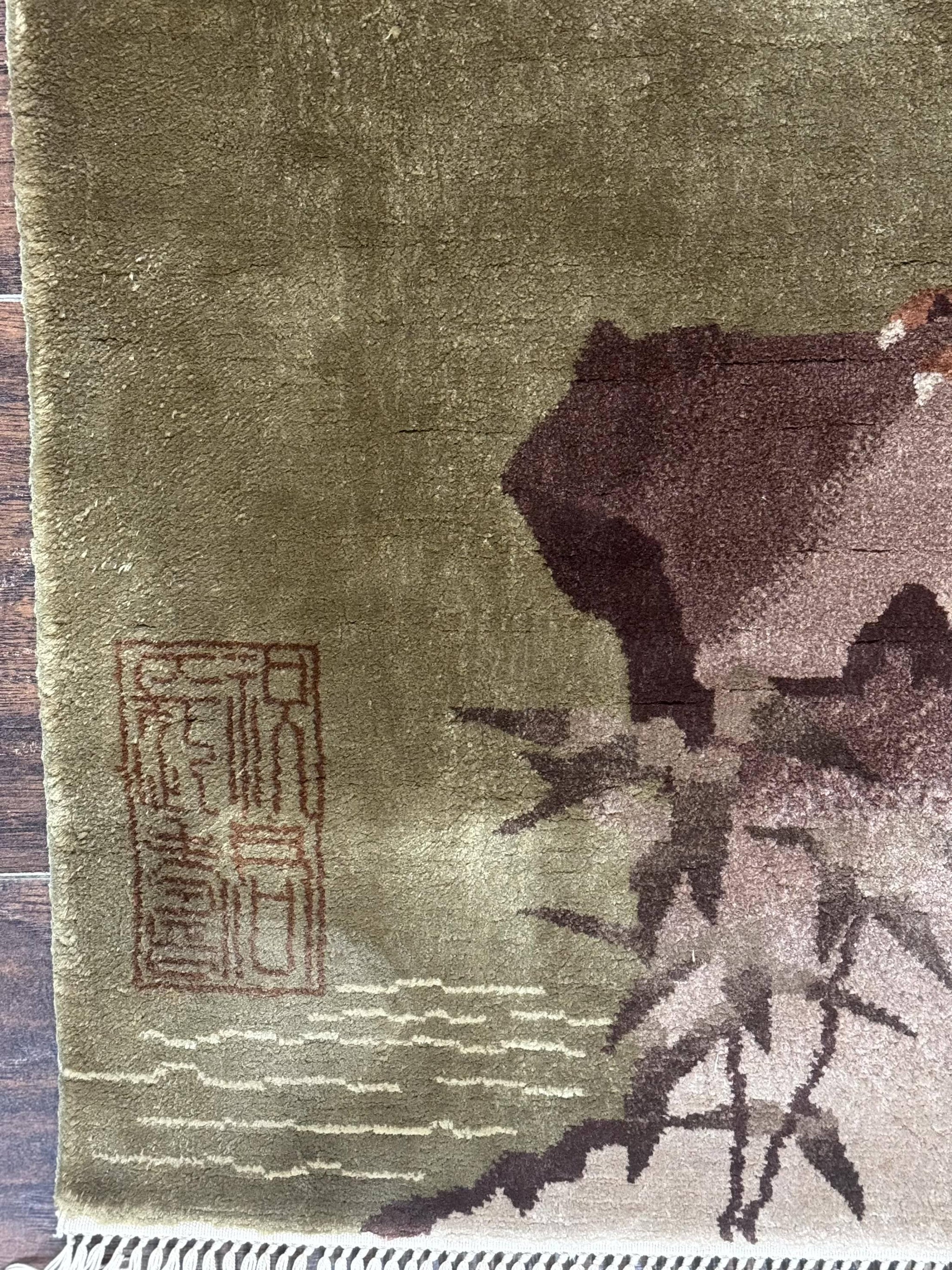 Silk Chinese Wall Hanging 2x4, Vintage Antique, Handmade, Bird on Mountain, Rug Tapestry by Jewel Rugs