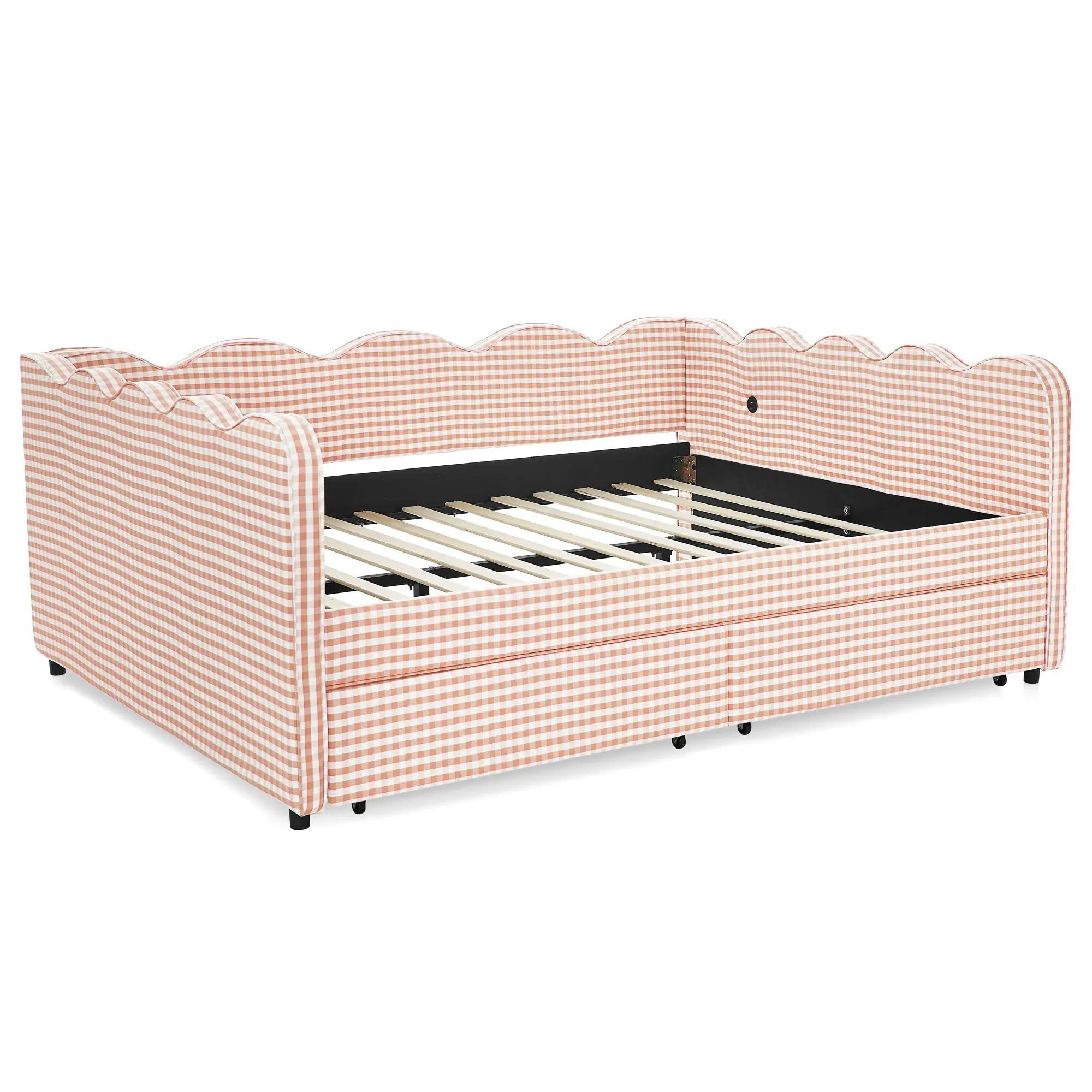 Queen Size Cozy Gingham Daybed with Two Storage Drawers and USB Port by HouseOfZazla