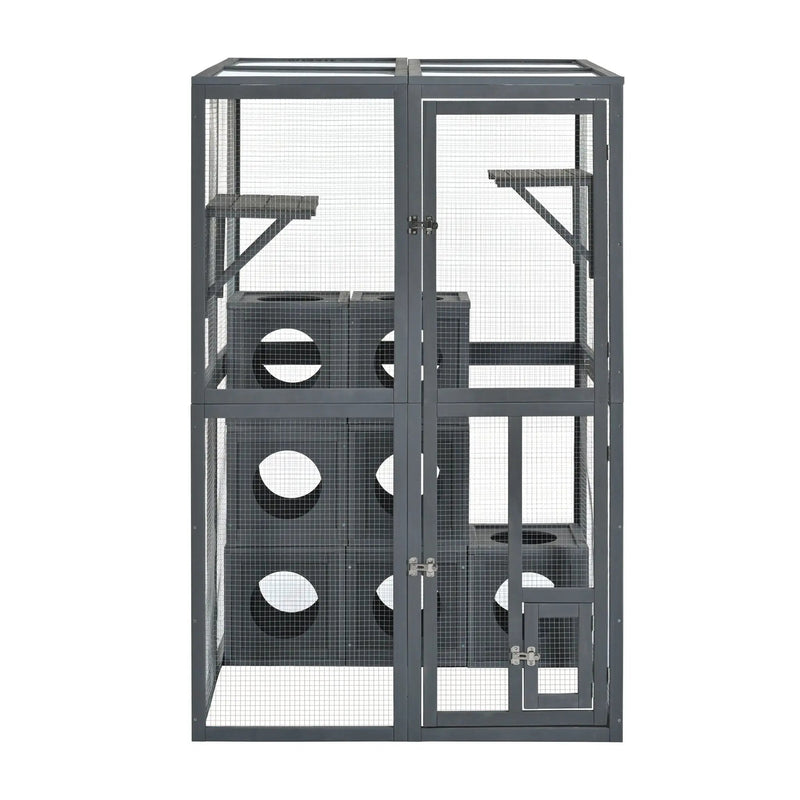 Outdoor Cat House With Shelves And Weather Protection, Removable Wood Boxes - Gray by HouseOfZazla