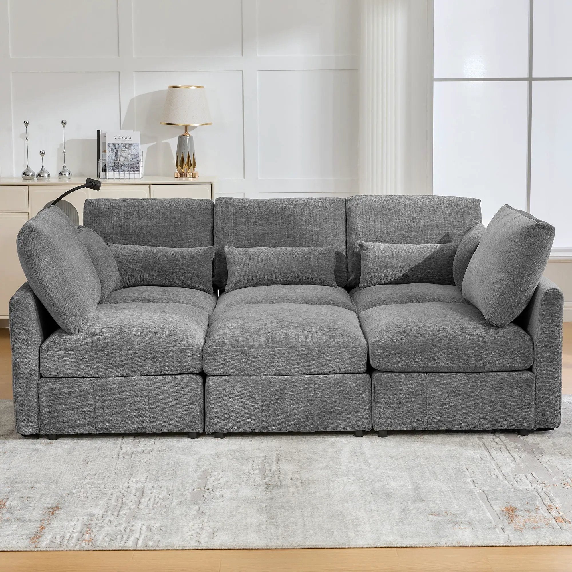 Modern Modular U-Shaped Sofa Bed With Movable Ottoman, USB Ports, Phone Holder by HouseOfZazla