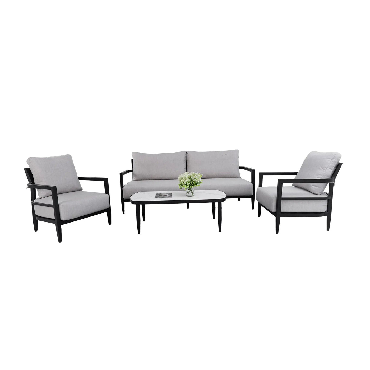 Outdoor Conversation Set With Chairs, Bench Sofa, Tables, Sunbrella Cushions by HouseOfZazla