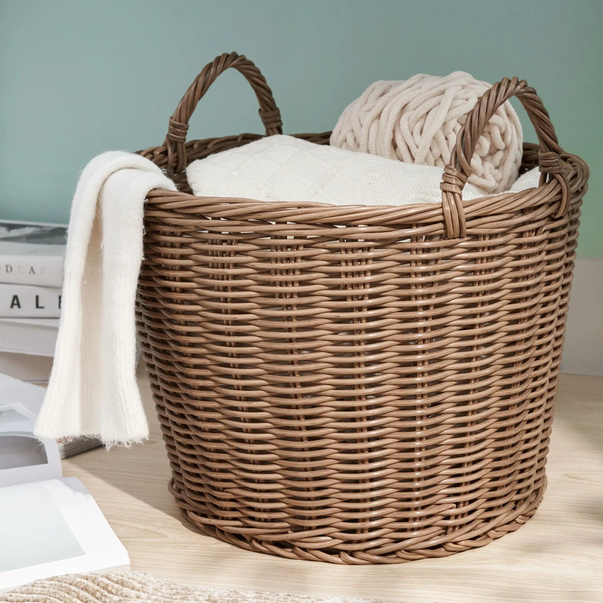 Round Cone Woven Resin Wicker Basket With Handles For Versatile Storage - Walnut Brown by Unique Piece Furniture