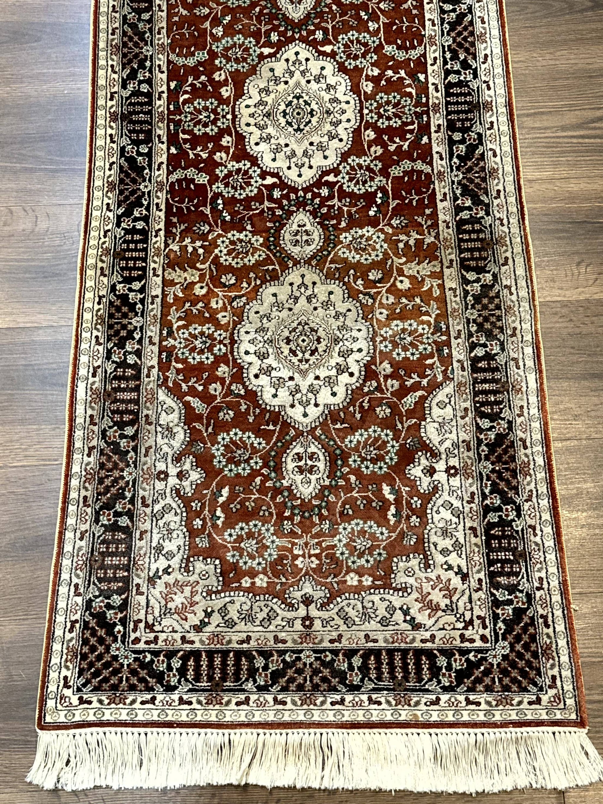 Turkish Silk Narrow Runner Rug 2 x 5.8, Very Fine 340 KPSI, Floral Medallions, Red by Jewel Rugs