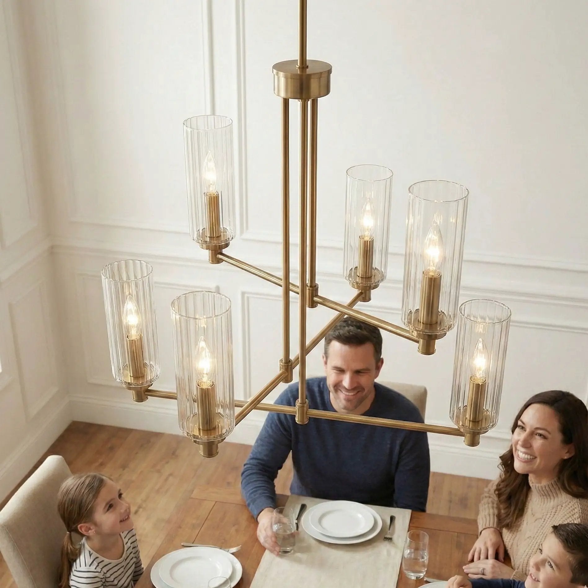 Timeless - 6 Lights Chandelier With Clear Ribbed Satin - Antique Brass / Clear / Gold by HouseOfZazla