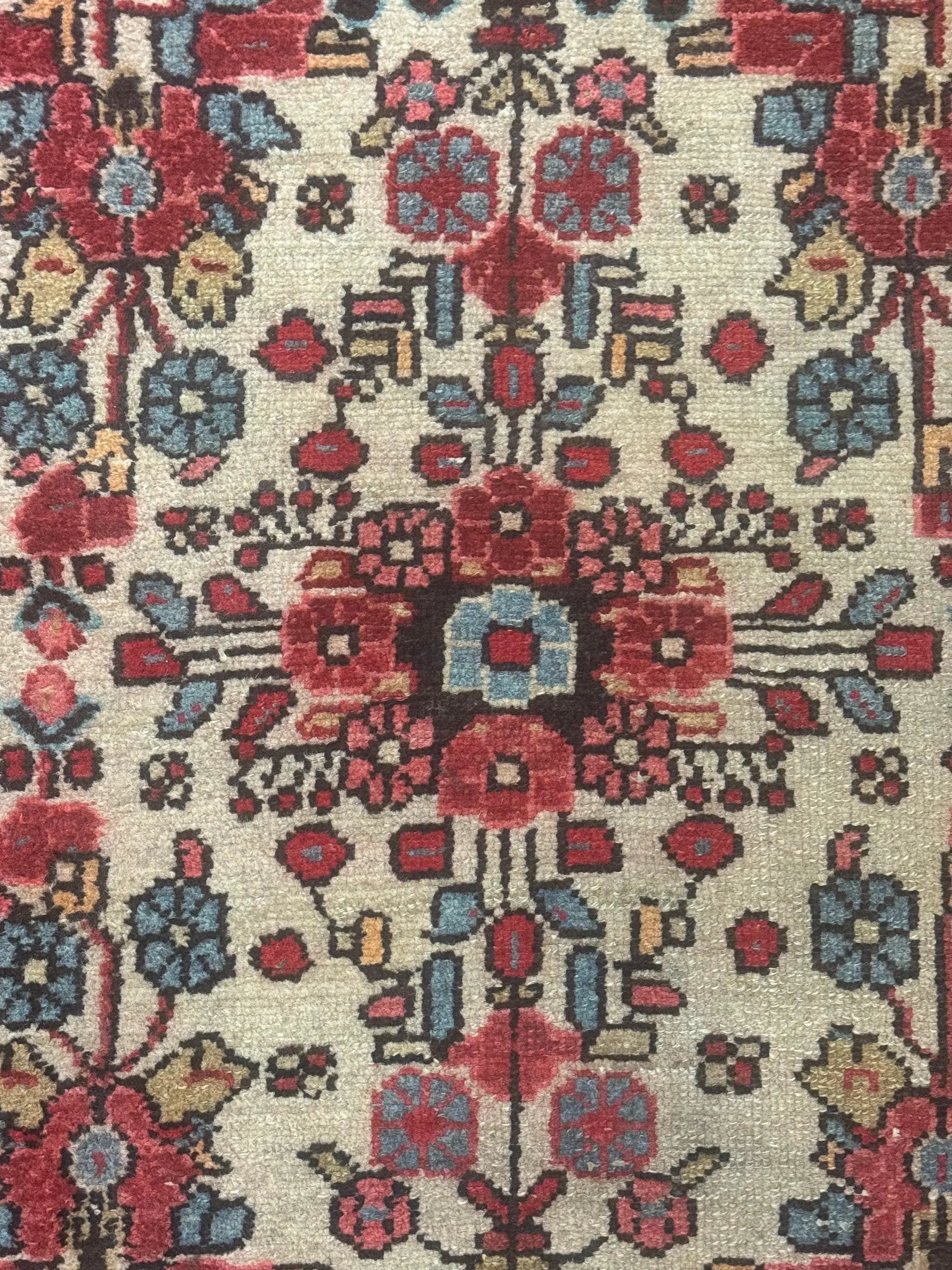 Small Antique Persian Rug 2x3, Beige and Red, Floral, Wool, Hamadan Rug by Jewel Rugs