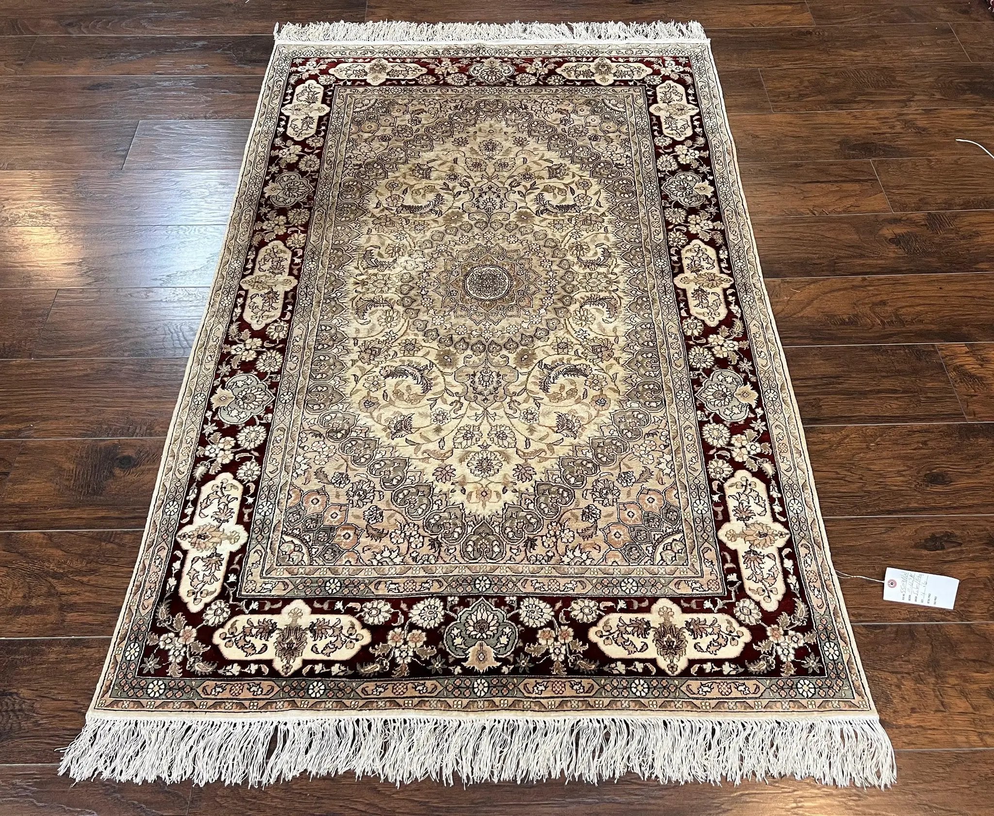 Silk Indian Kashmiri Rug 4x6 ft, Floral Medallion Hand Knotted Handmade Oriental Carpet, Vintage, Cream Burgundy, Very Fine Silk Rug 4 x 6 by Jewel Rugs