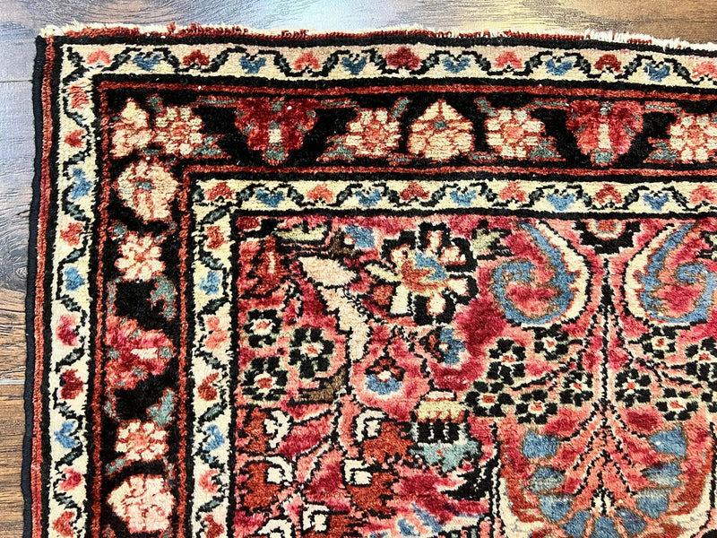 Small Antique Persian Rug 2.6 x 4, Red Floral Handmade 1920s Wool Rug, Persian Hamadan Lilian Rug by Jewel Rugs