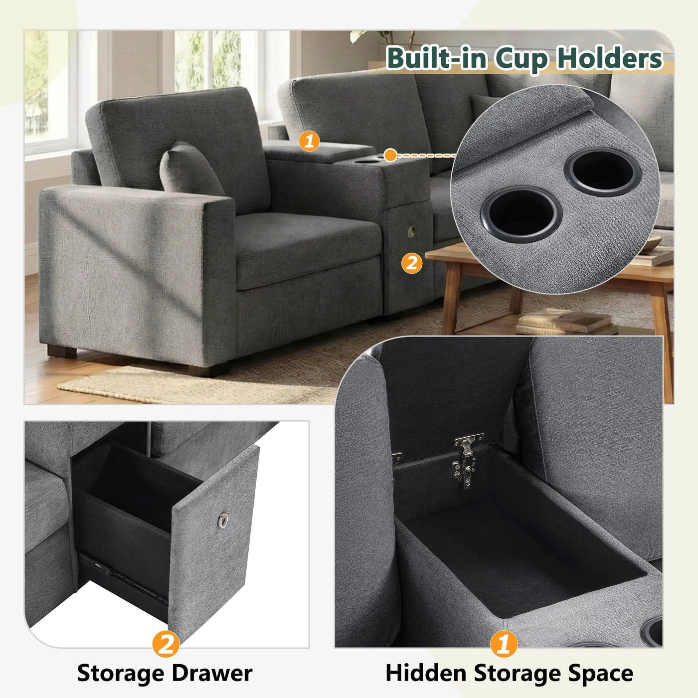 Modular 5 Seat U-Shape Sectional Sofa With Chaise Lounge, Built In Cup Holders And Storage Drawer by Unique Piece Furniture