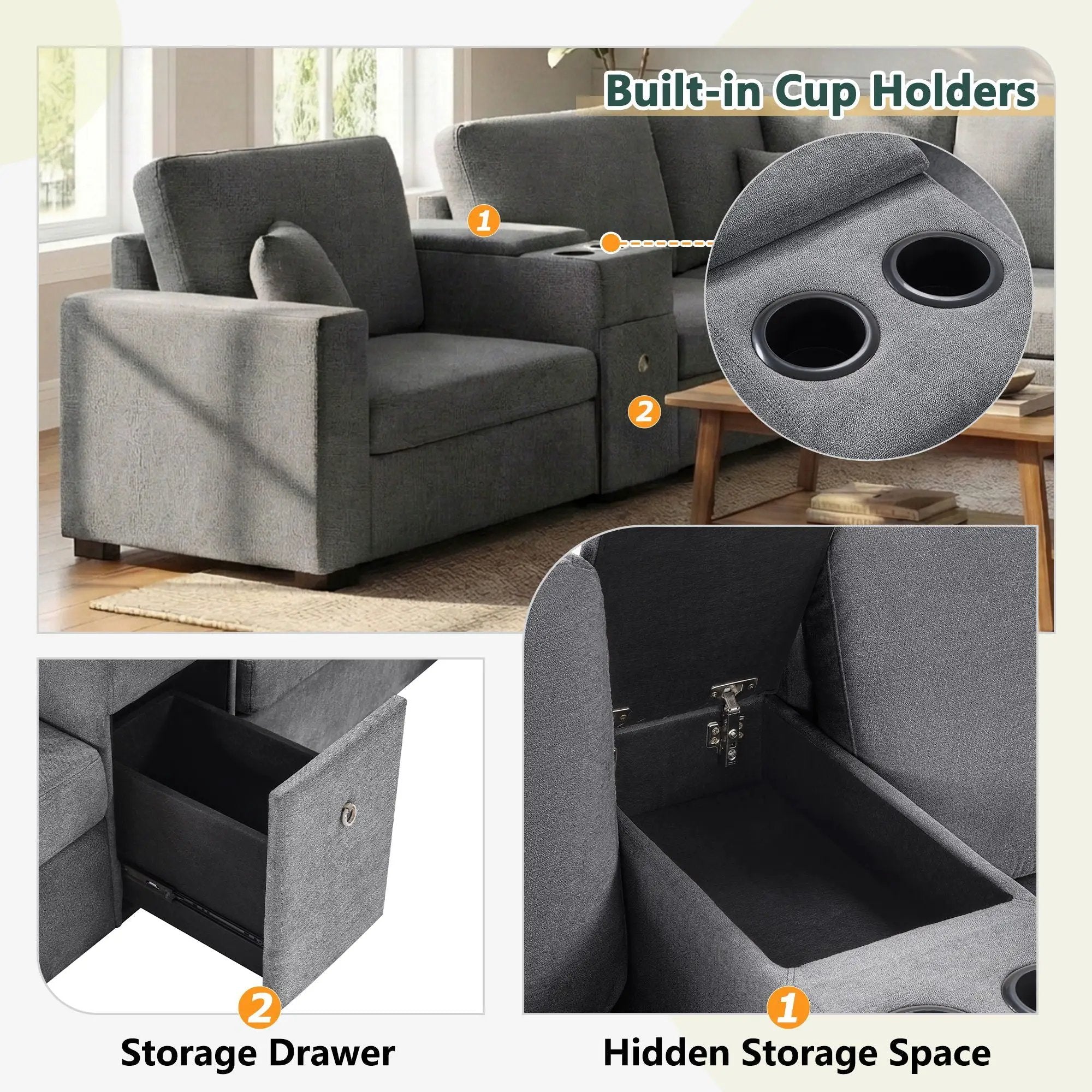 Modular 5 Seat U-Shape Sectional Sofa With Chaise Lounge, Built In Cup Holders And Storage Drawer by HouseOfZazla