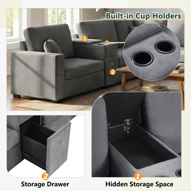 Modular 5 Seat U-Shape Sectional Sofa With Chaise Lounge, Built In Cup Holders And Storage Drawer by HouseOfZazla