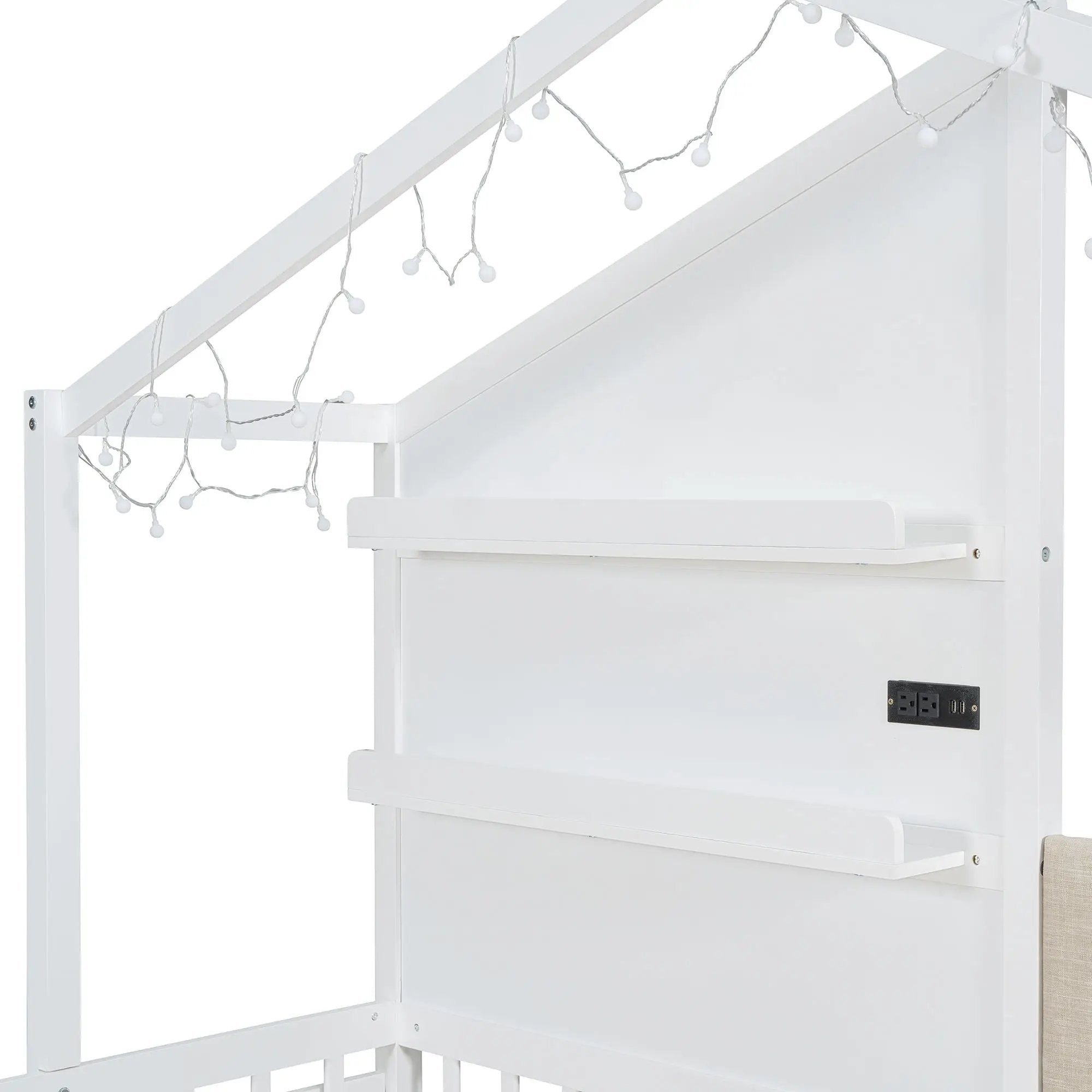 House Bed With Upholstered Sofa, Wireless Charging Station, Shelves And 2 Drawers