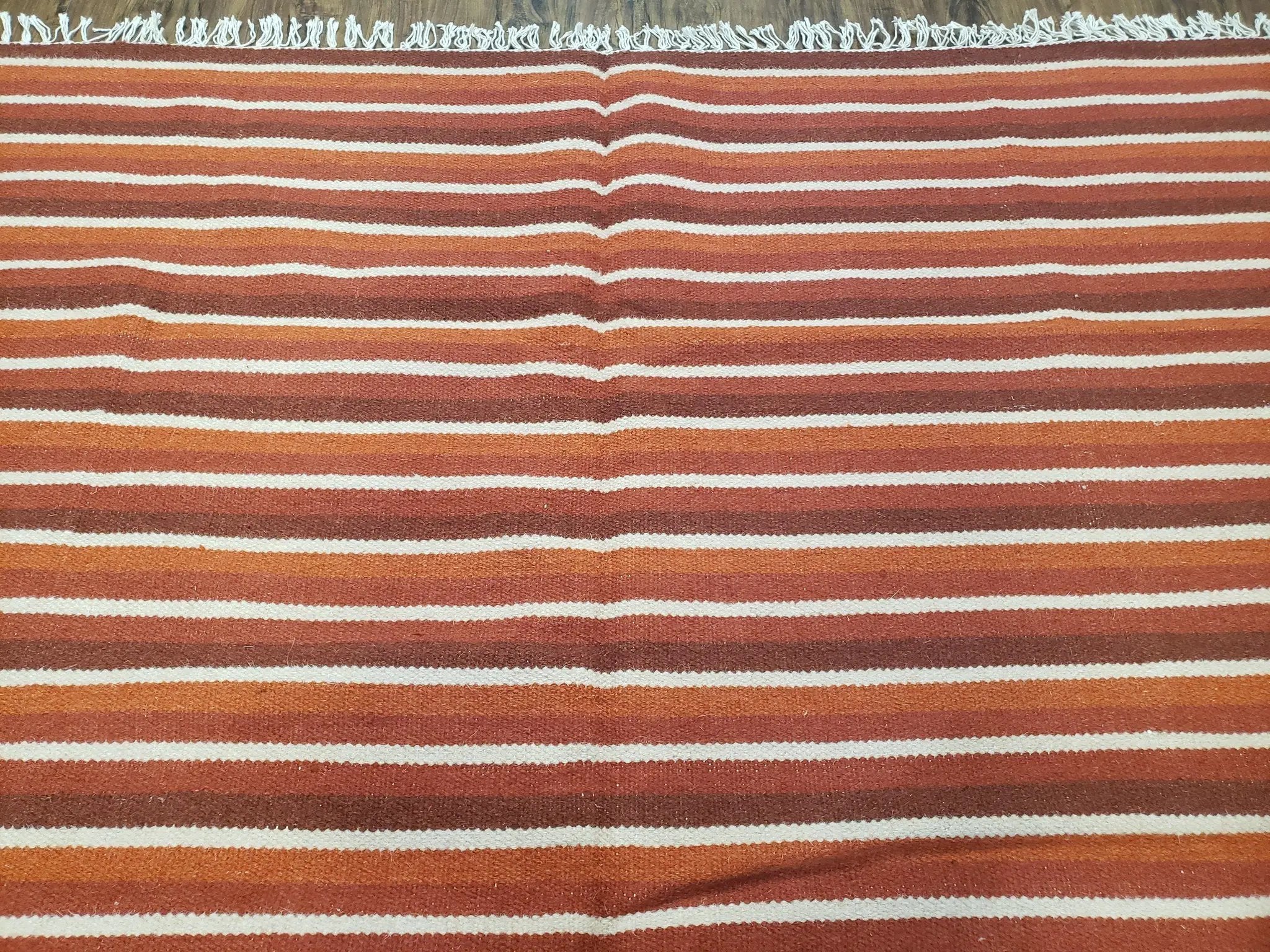 Large Striped Woolen Handmade Throw Blanket, Twin Size Bedding Hand-Woven, Indian Kilim Area Rug, 6x8 - 7x8, South American Style Textile by Jewel Rugs