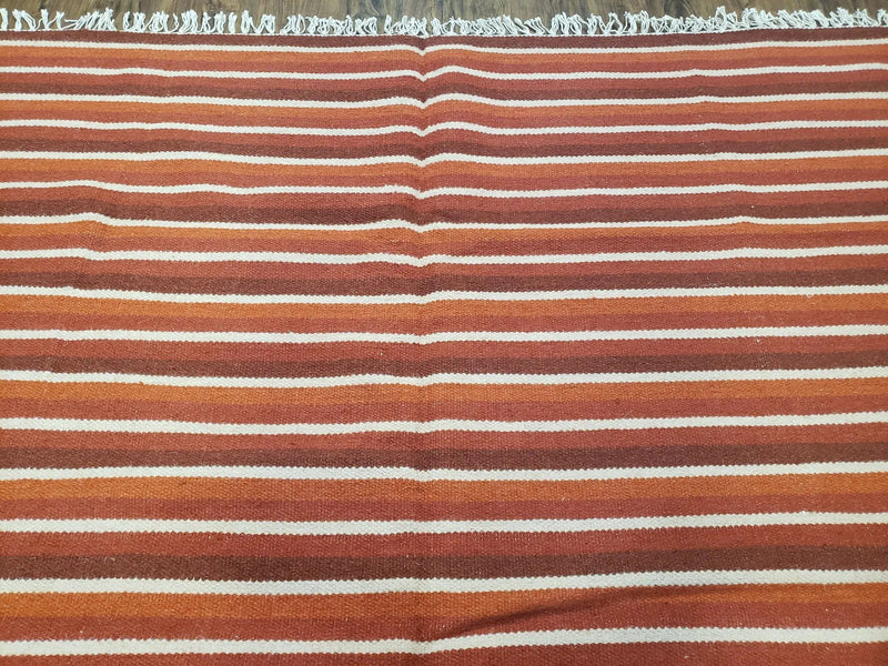 Large Striped Woolen Handmade Throw Blanket, Twin Size Bedding Hand-Woven, Indian Kilim Area Rug, 6x8 - 7x8, South American Style Textile by Jewel Rugs