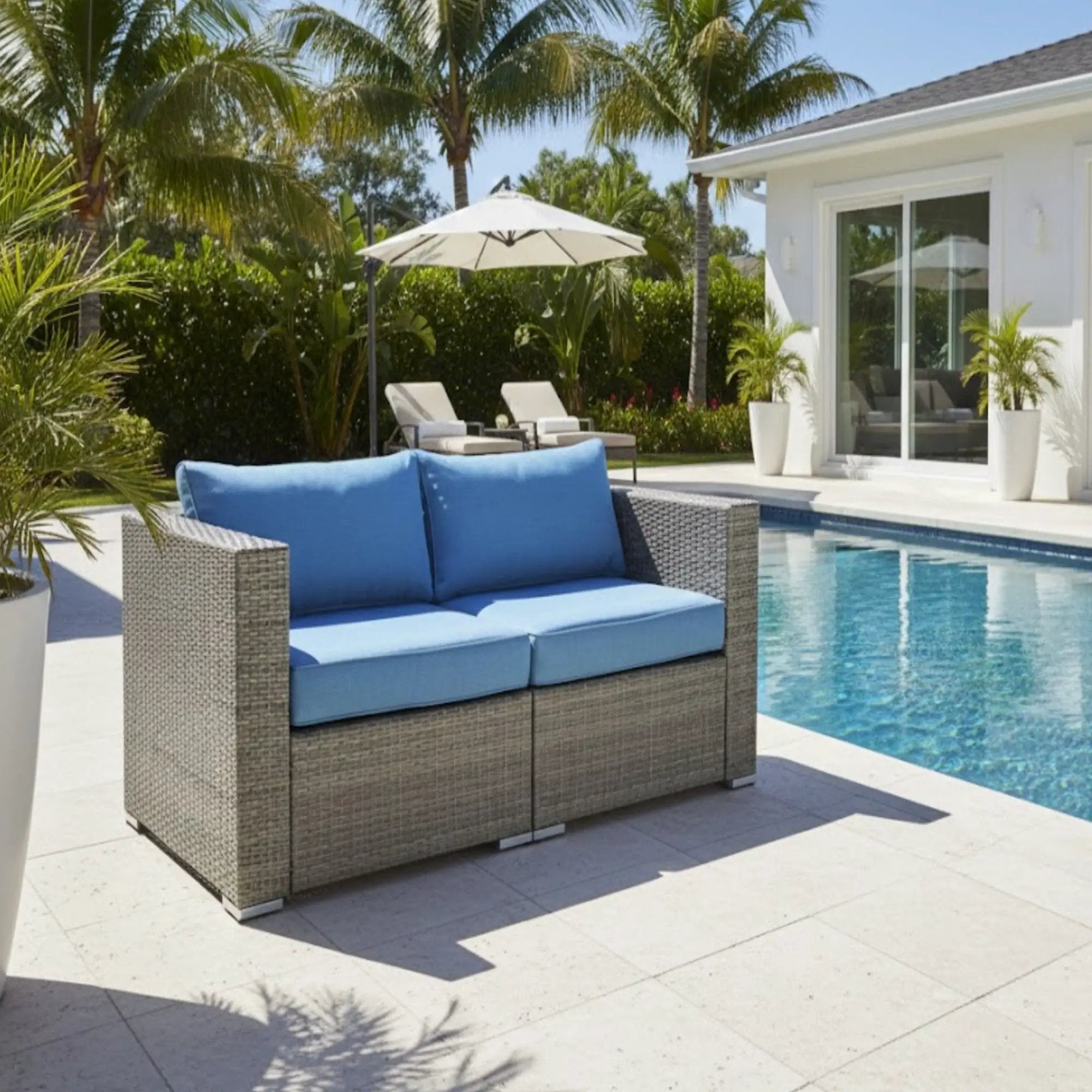 2 Piece Patio Loveseat Set With Thick Cushions, Outdoor Sectional Sofa For Balcony - Blue / Brown by HouseOfZazla
