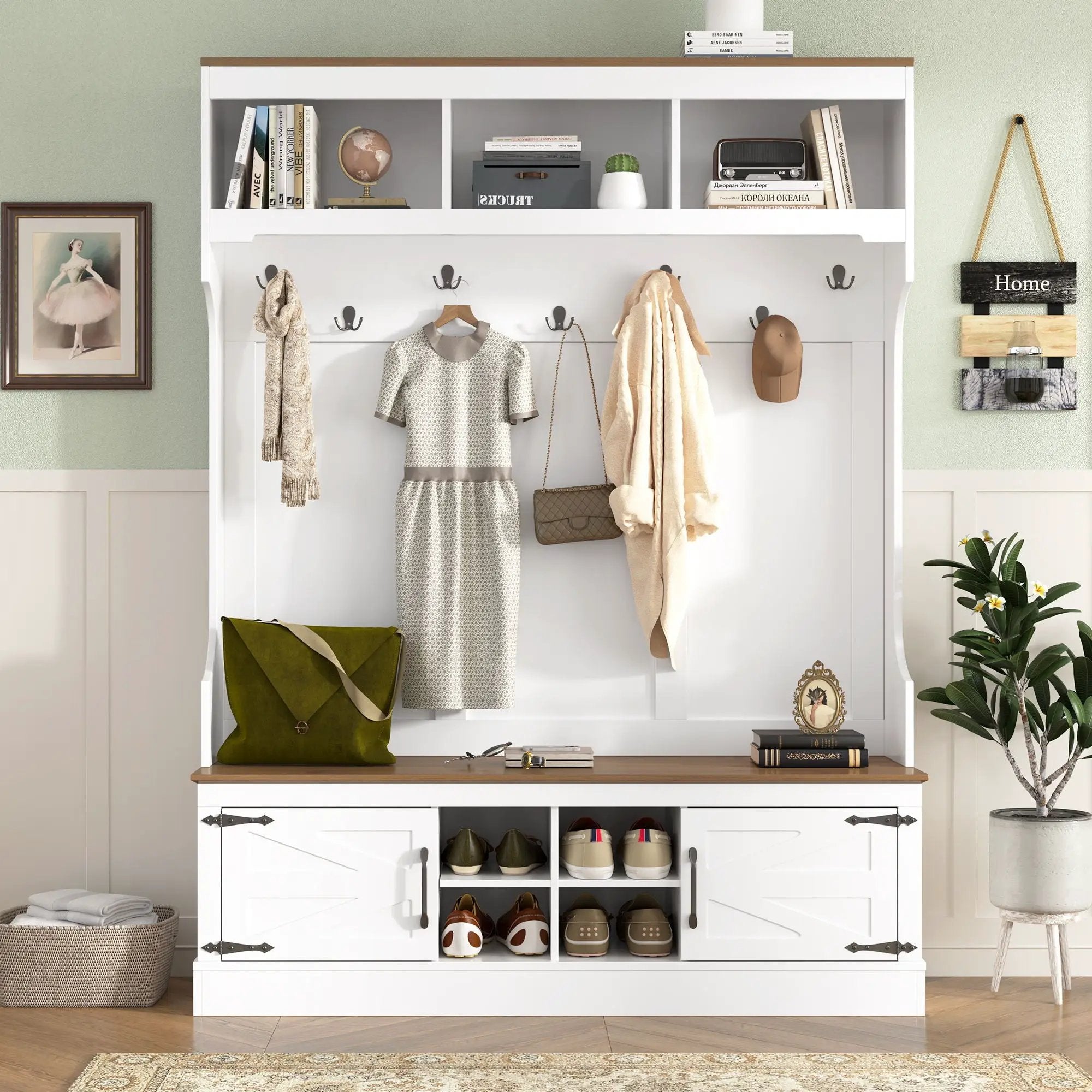 Hall Tree With Bench And Shoe Storage, 5 In 1 Entryway Organizer Cabinet With Coat Rack, 4 Shoe Cubbies & 7 Hooks - White by Unique Piece Furniture