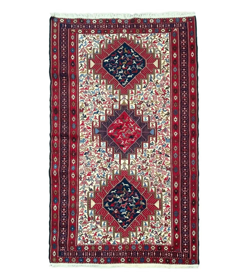 Persian Soumak Kilim Rug 4x6, Triple Medallions Tribal Pictorials, Caucasian Azerbaijani Kilim by Jewel Rugs
