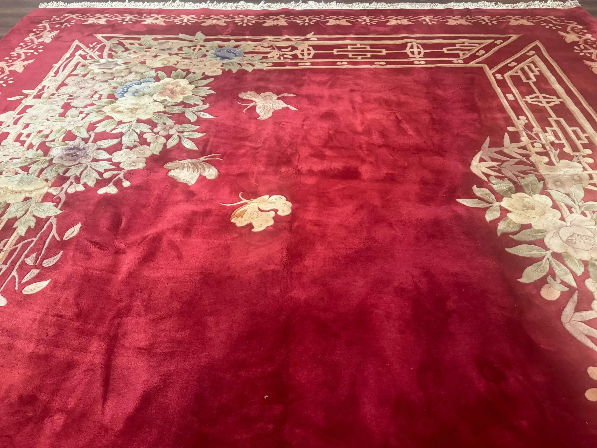 Palace Size Chinese Wool Rug 12x18, Red Art Deco Chinese Carving Carpet, Butterflies Flowers by Jewel Rugs