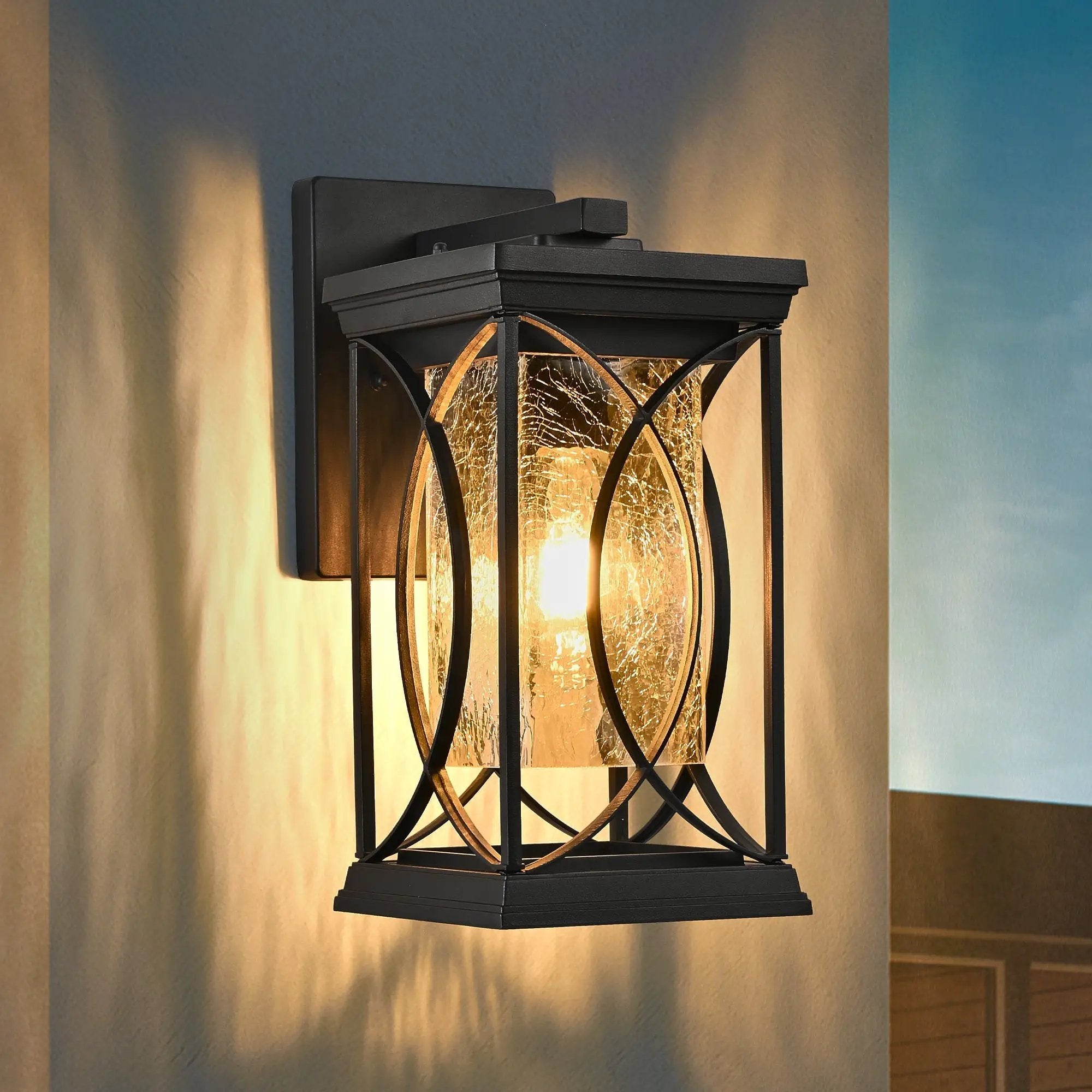 14'(H) Black Outdoor Wall Lantern with Crackled Glass by HouseOfZazla