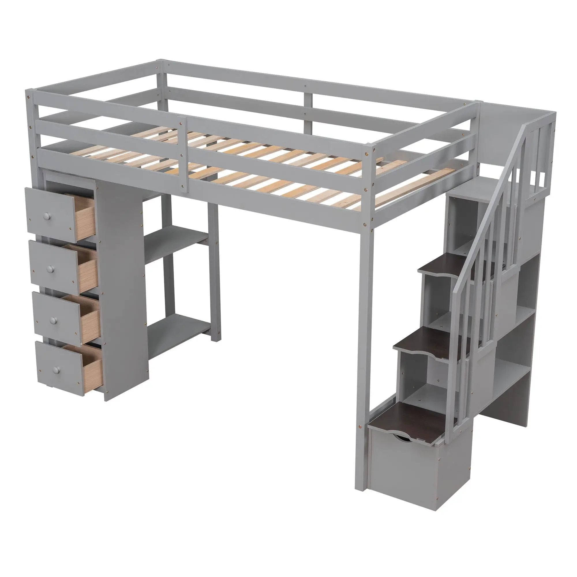 Loft Bed With Storage Drawers And Stairs With Shelves