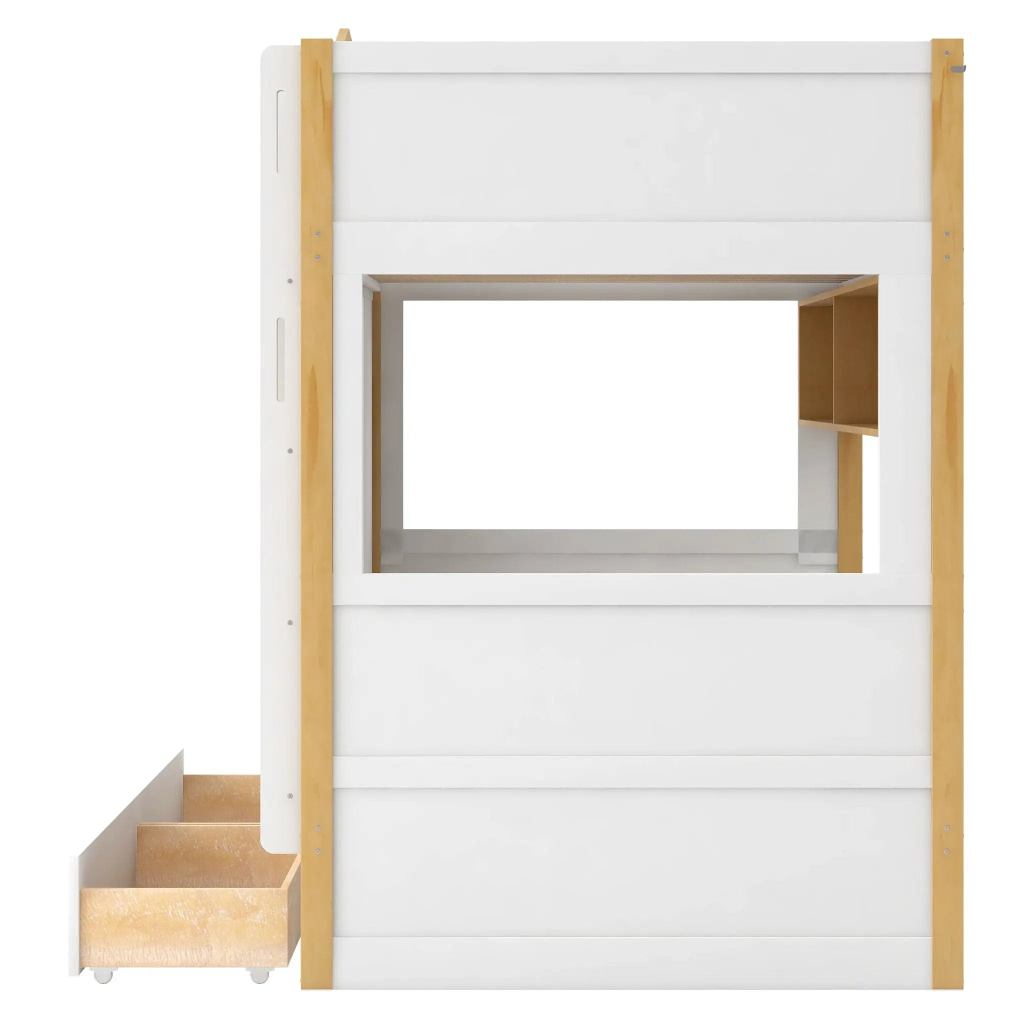 Twin Over Twin Bunk Bed With House Shaped Guardrails, Storage Shelves & Drawers - White / Natural by HouseOfZazla