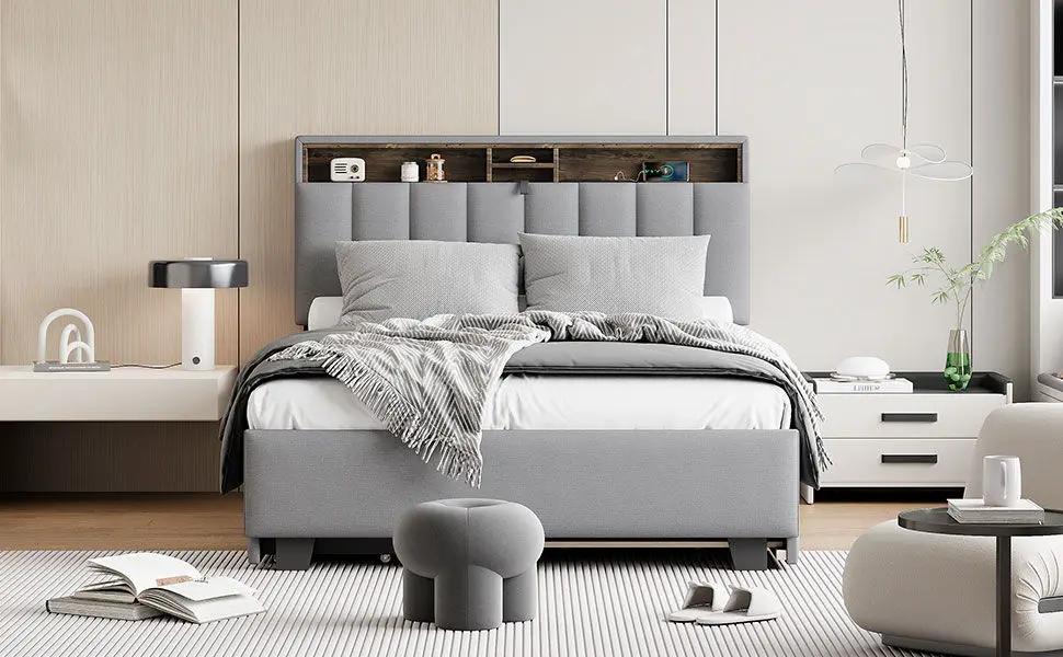 Upholstered Platform Bed With Storage Headboard, Trundle & 2 Drawers And A Set Of Sockets & USB Ports by HouseOfZazla