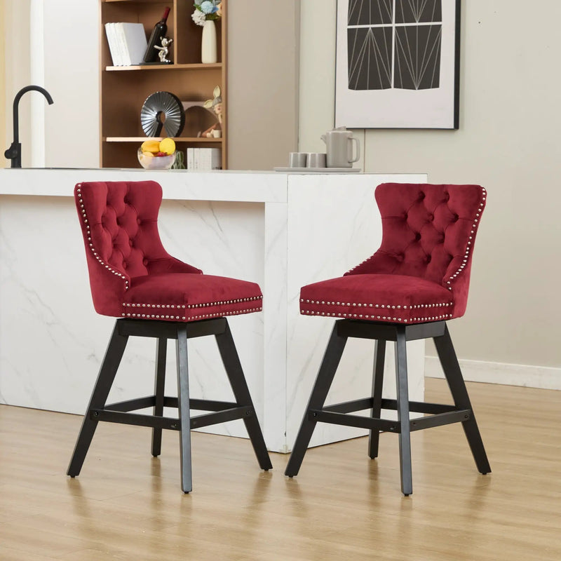 Swivel Velvet Barstools with Button Tufted Decoration - Set of 2 (Wine Red) by HouseOfZazla