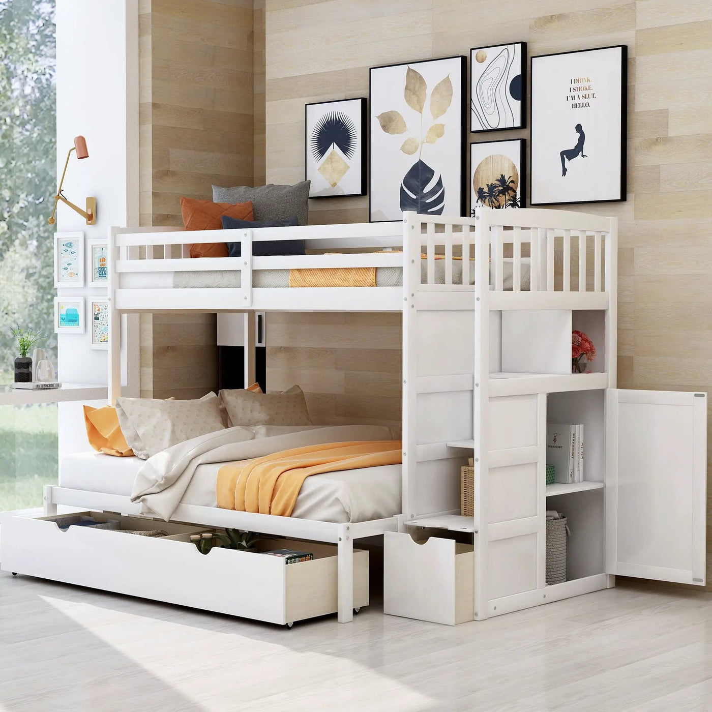 Bunk Bed, Convertible Bottom Bed, Storage Shelves And Drawers by Unique Piece Furniture