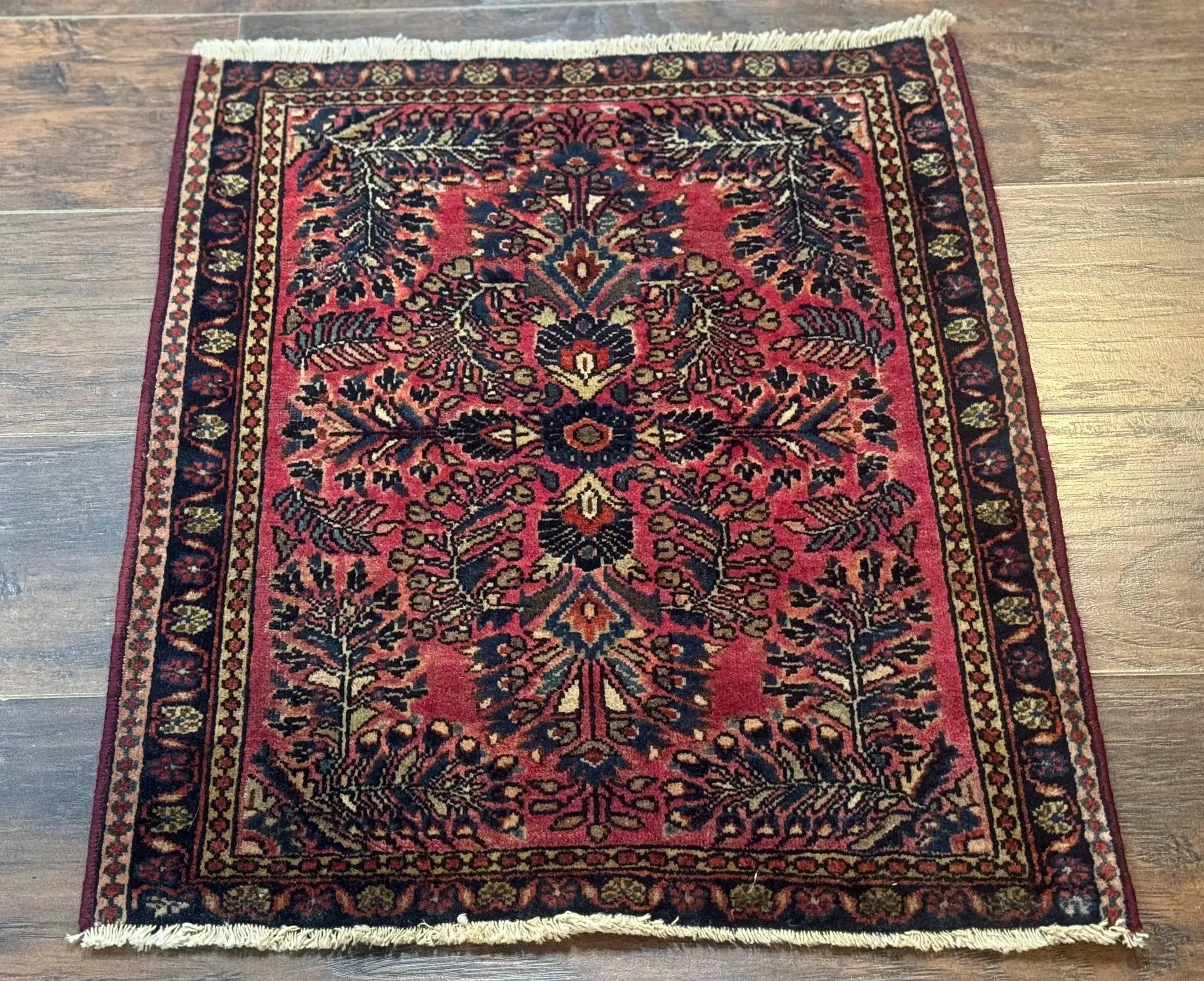 Small Antique Persian Sarouk Rug 2x2 ft, Red 1920s Wool Rug by Jewel Rugs