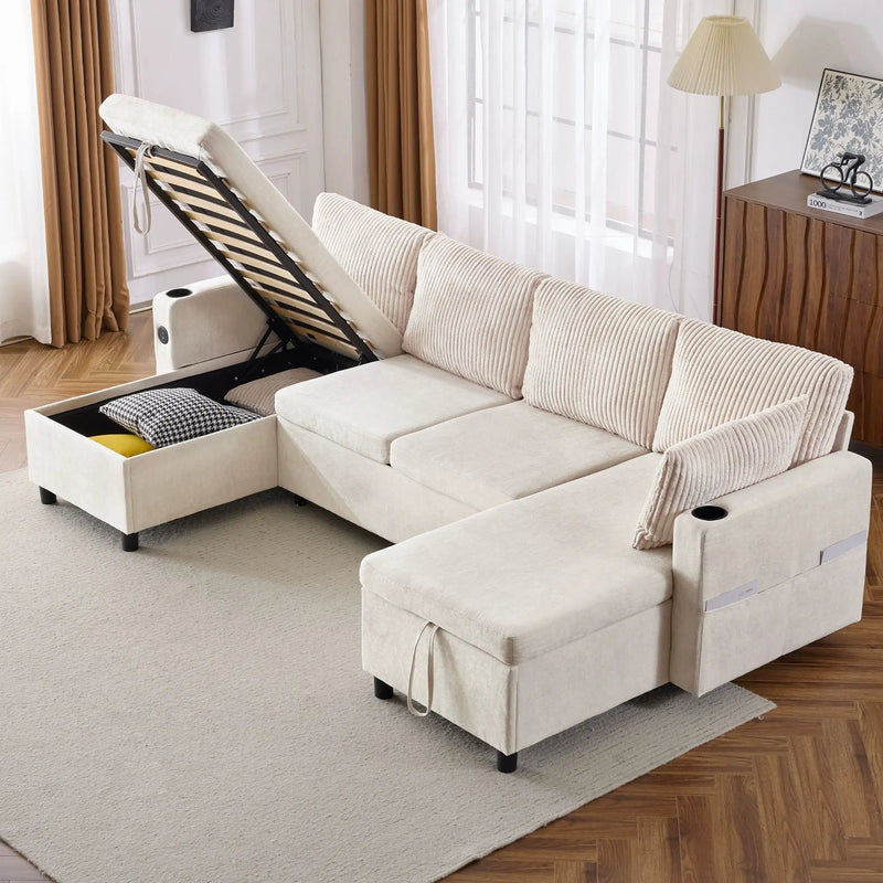 Sectional Sofa Bed With Pull Out Sleeper, USB Ports, Cup Holders by HouseOfZazla