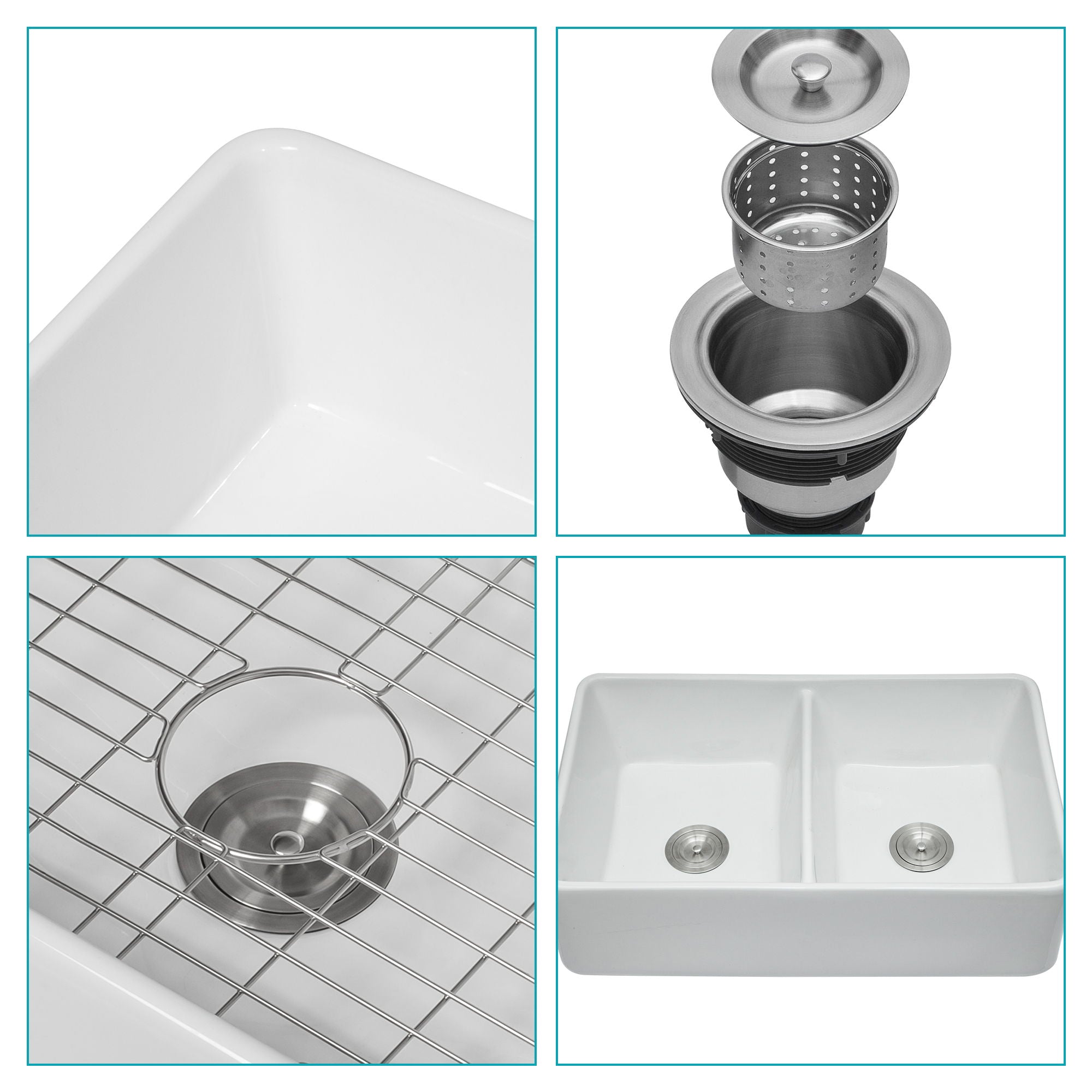 Double Bowl Apron Front Kitchen Sink 32", Sturdy And With Scratch Resistant - White