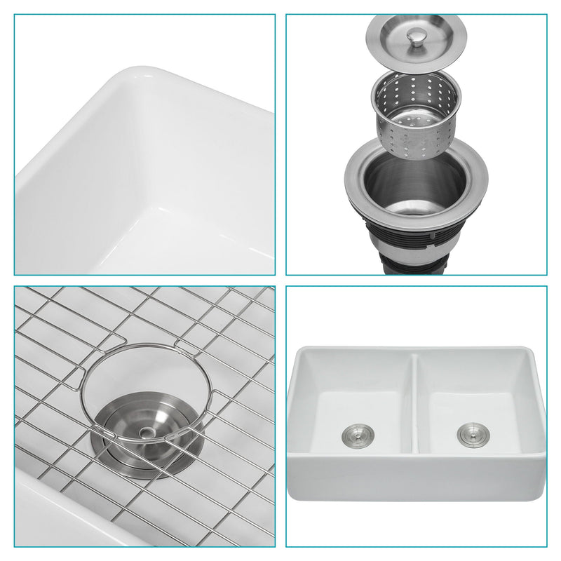 Double Bowl Apron Front Kitchen Sink 32", Sturdy And With Scratch Resistant - White