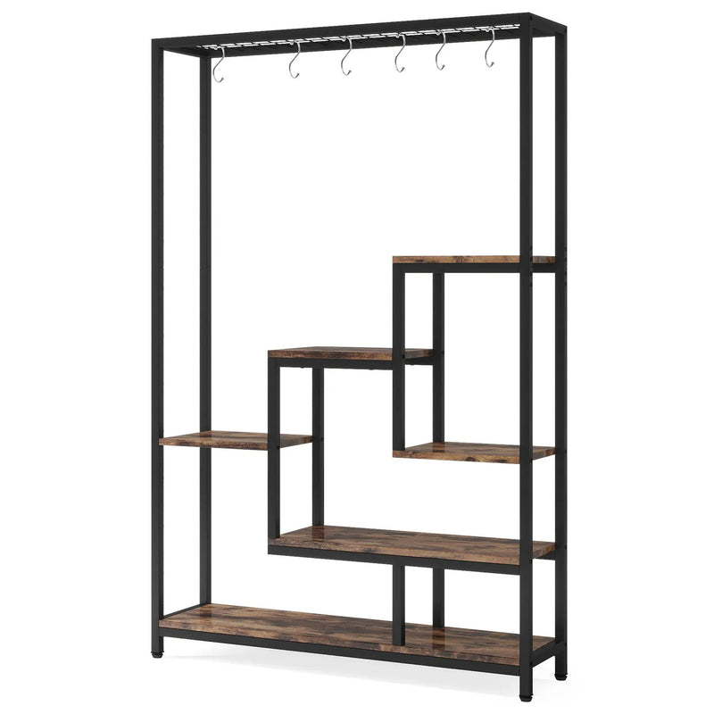 5 Tier Plant Stand With 6 Hooks For Living Room - Brown / Black by HouseOfZazla