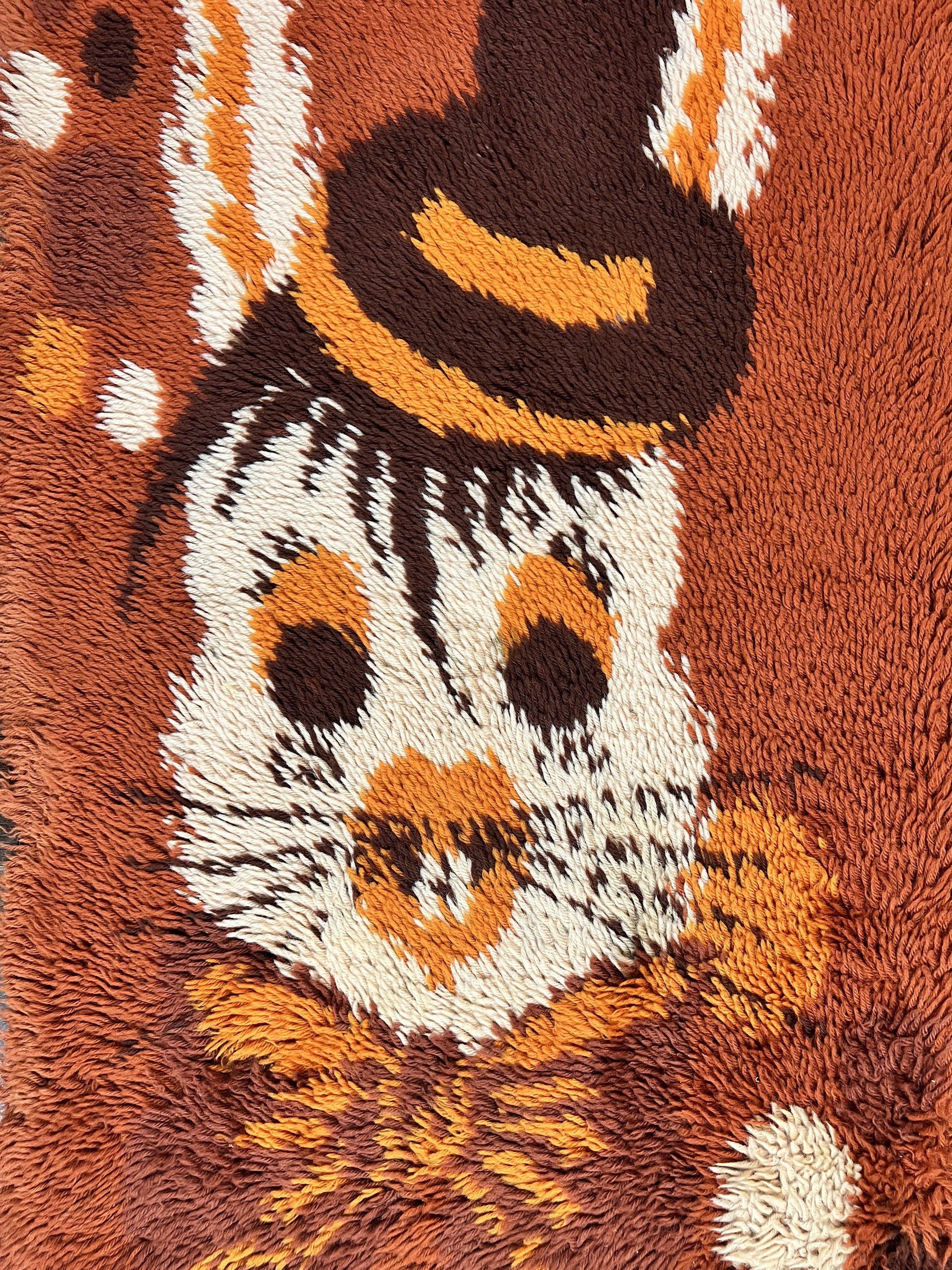 Rya Shag Rug 2x4, Rabbit in Top Hat, Wool, Orange, Vintage 1960s Danish Shag Rug by Jewel Rugs