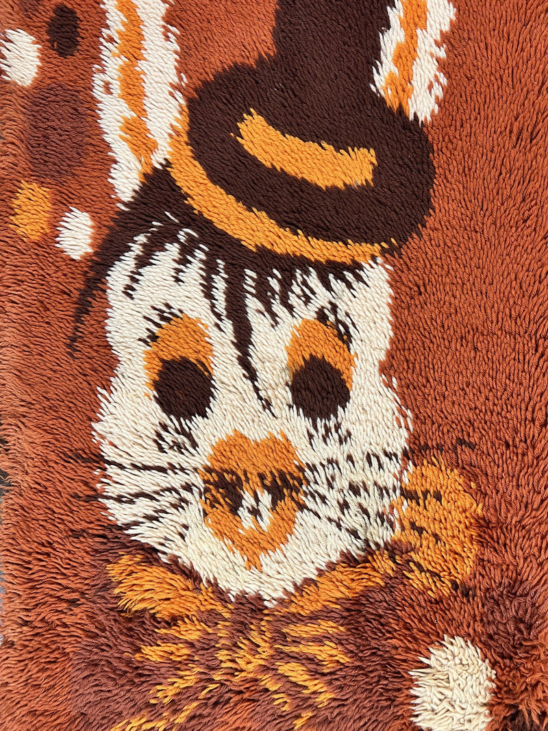 Rya Shag Rug 2x4, Rabbit in Top Hat, Wool, Orange, Vintage 1960s Danish Shag Rug by Jewel Rugs