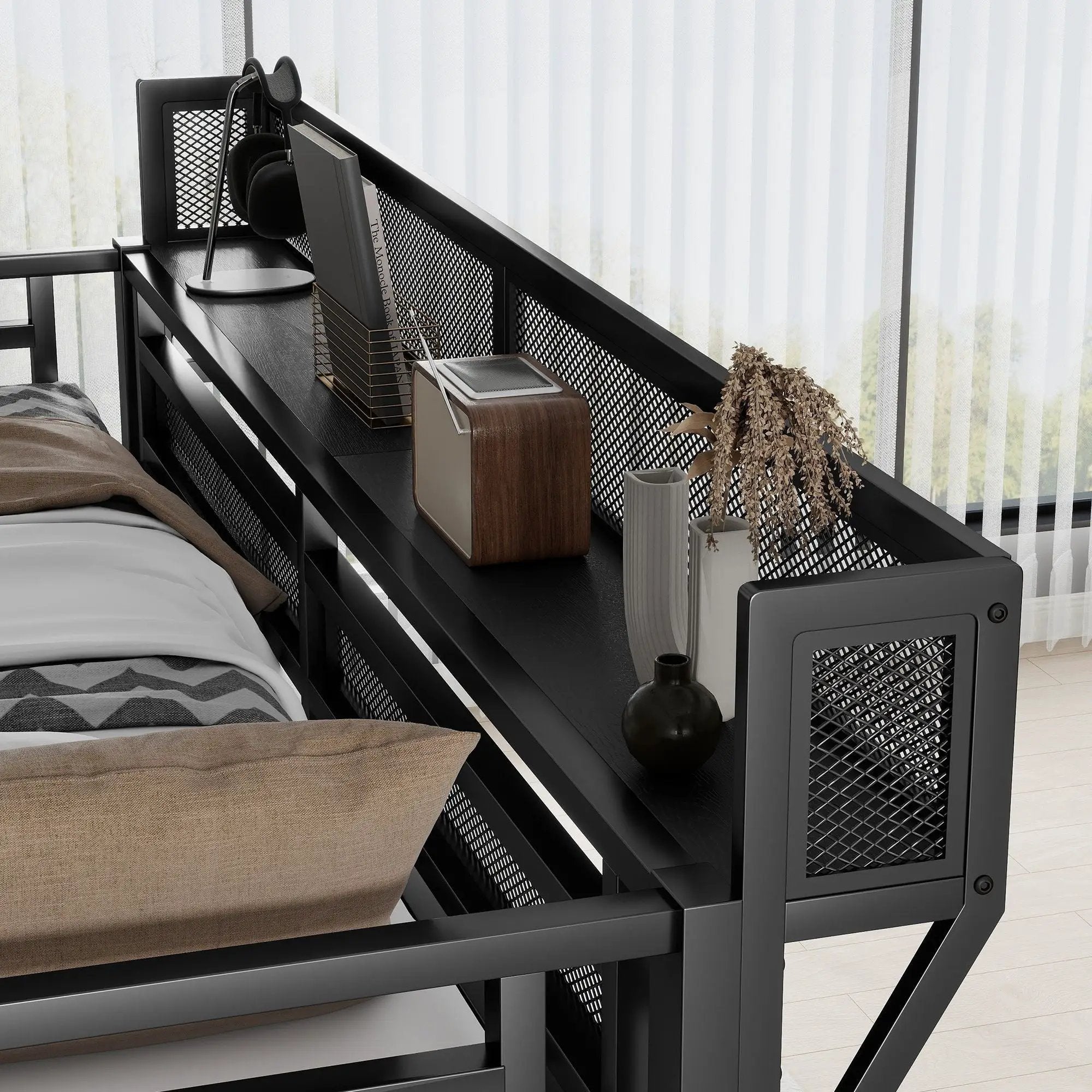 Queen Size Loft Bed With Stairs, Storage Shelves, Wardrobe - Black by Unique Piece Furniture