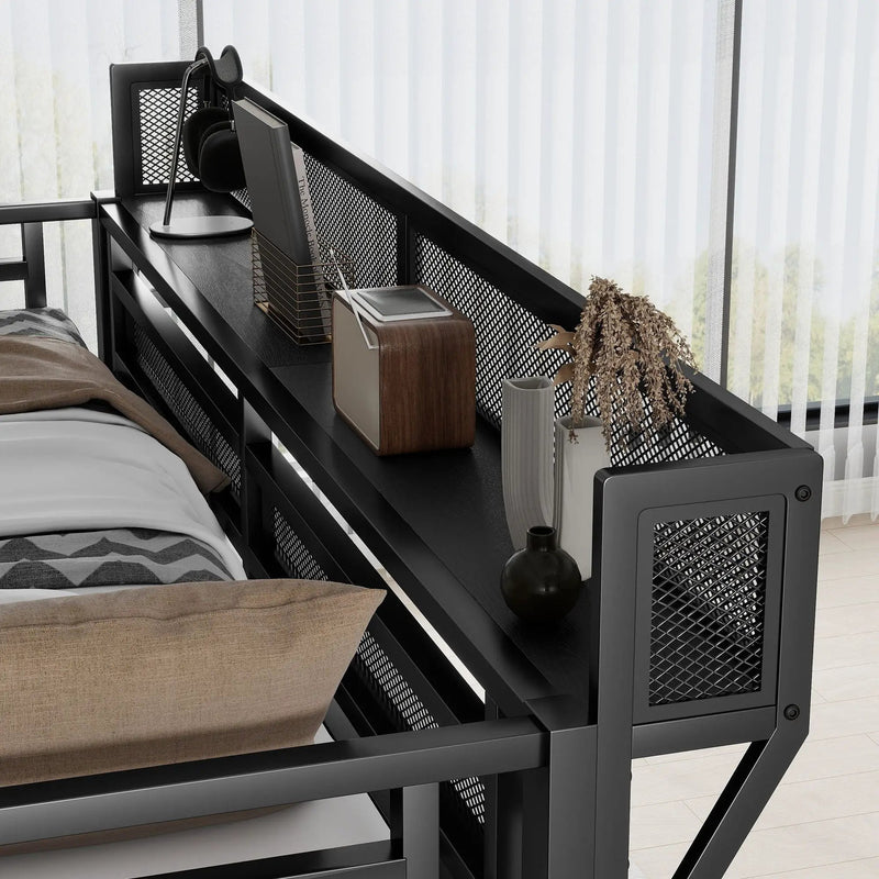 Queen Size Loft Bed With Stairs, Storage Shelves, Wardrobe - Black by Unique Piece Furniture