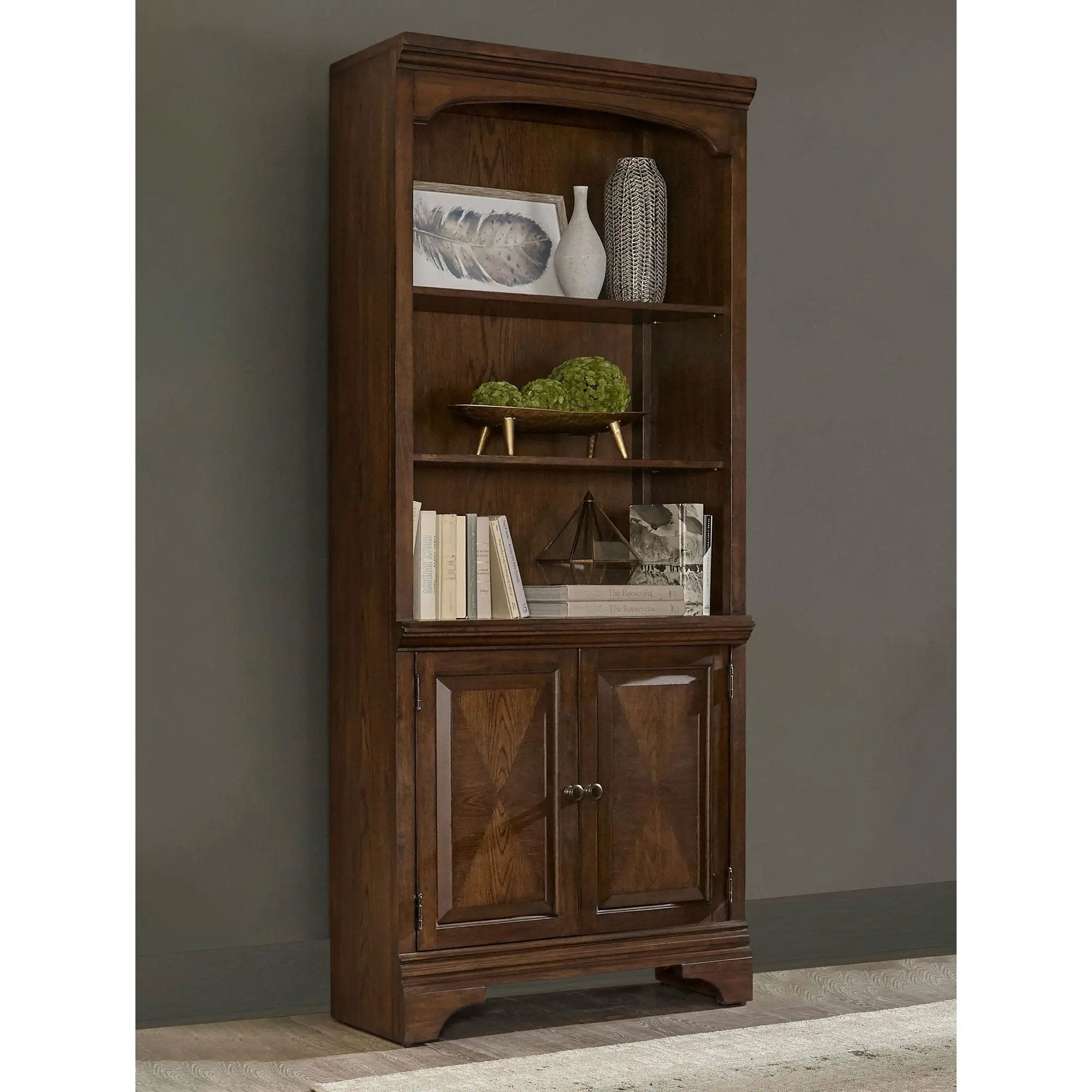 Stigham - Bookcase With 2 Door Cabinet, Adjustable Shelves, Cable Management - Oak by HouseOfZazla