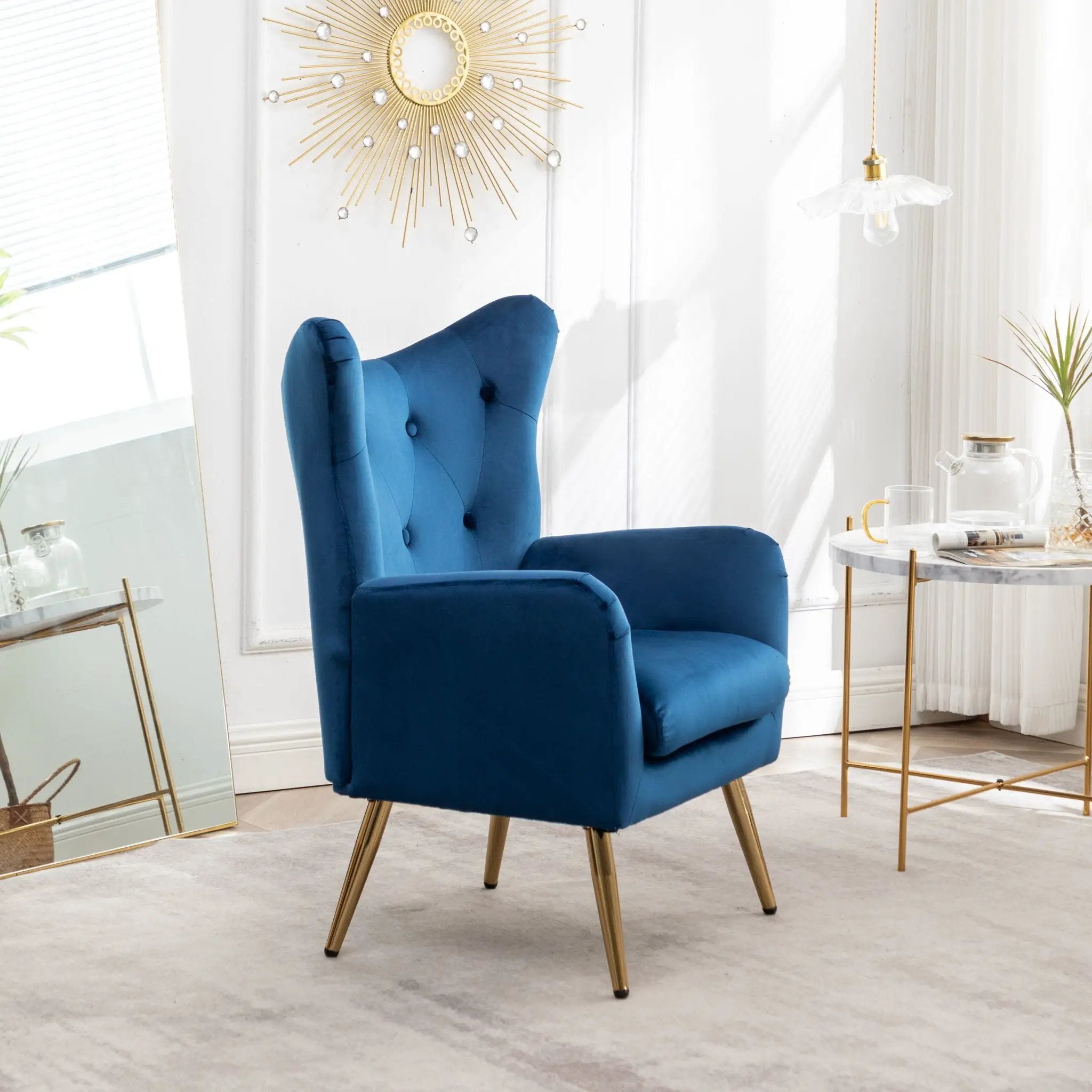 Sovarol - Velvet Button-Tufted Wing Back Accent Chair - Blue by Unique Piece Furniture