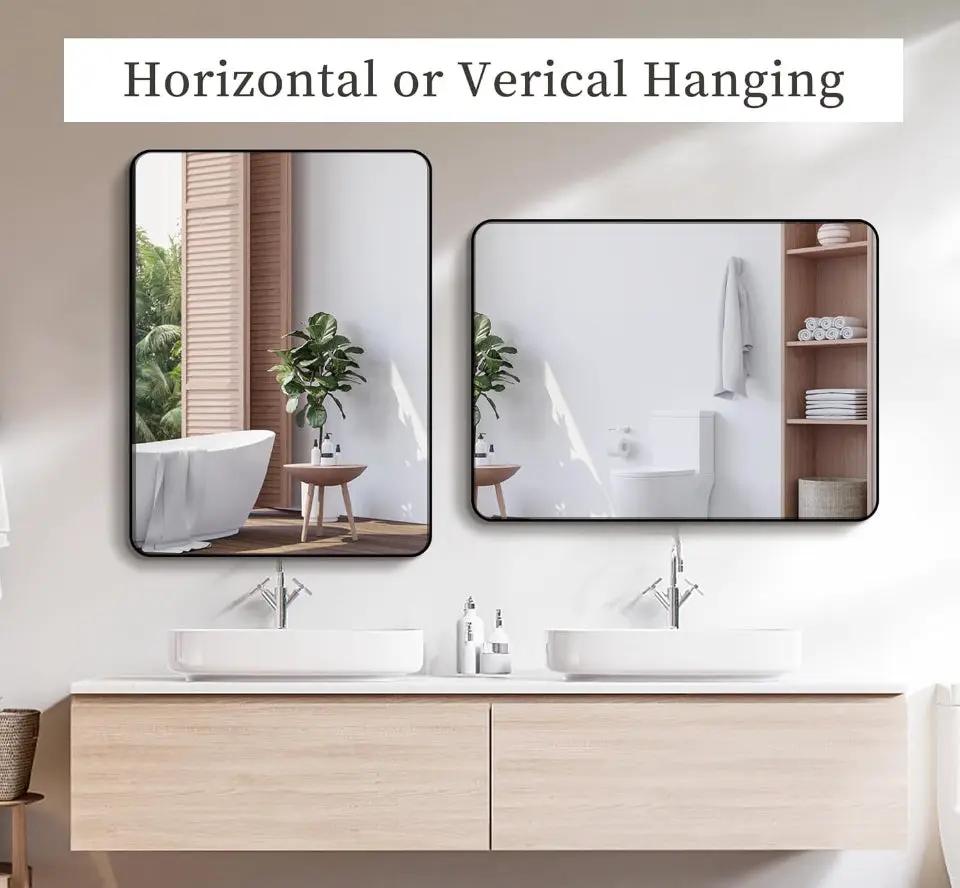 Open Box MZON 24x36 Inch Black Bathroom Mirror, Wall-Mounted Rectangle Vanity Mirror with Aluminum Alloy Frame, Anti-Rust, Modern Decor for Bathroom, by Selzalot